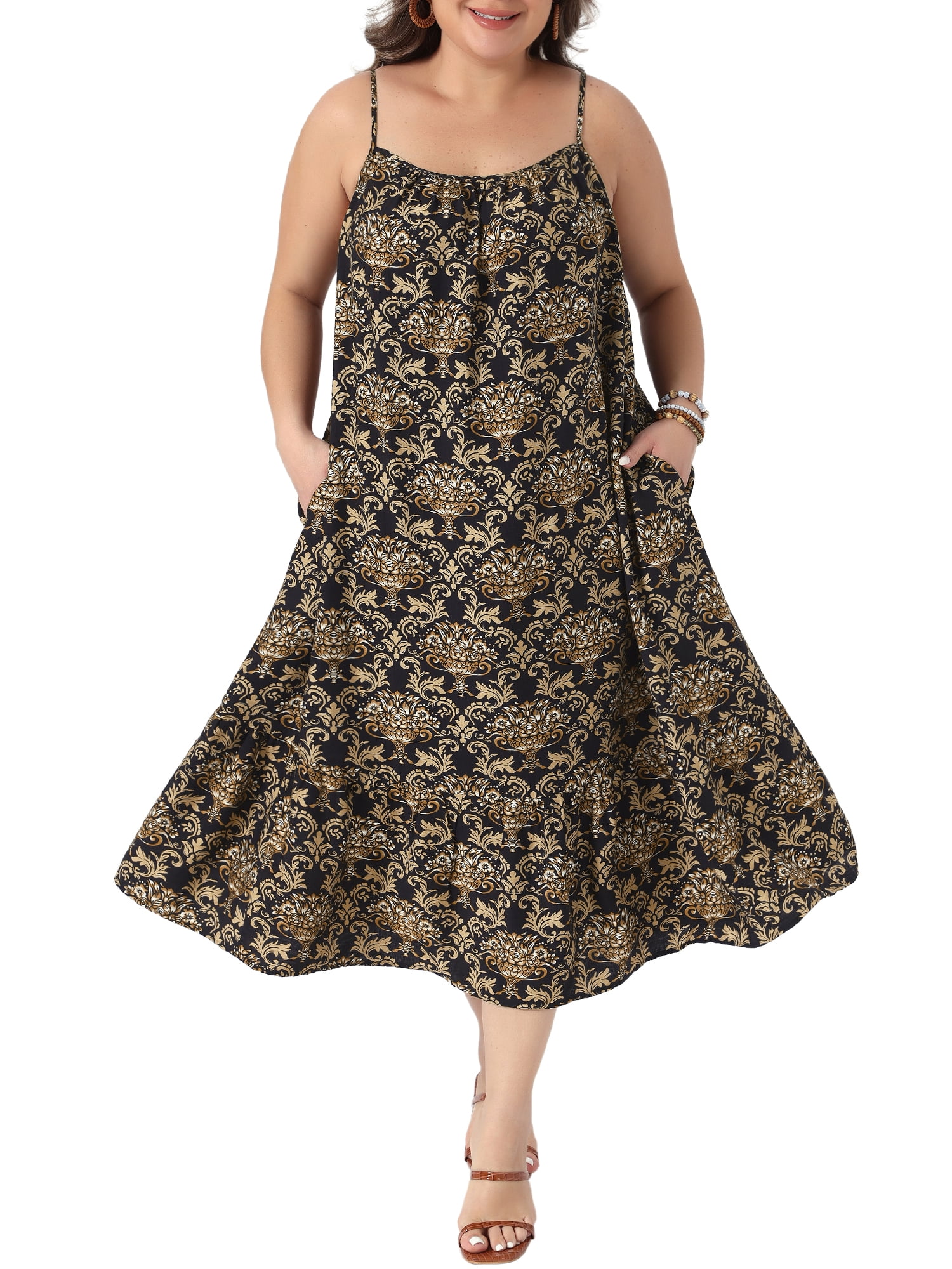 DARING DIVA Women's Plus Summer Spaghetti Strap Boho Print Midi Dress 4X Black