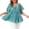 thumbnail image 1 of DARING DIVA Women's Plus Summer Square Neck Short Sleeve Tops 1X Lake Blue, 1 of 6