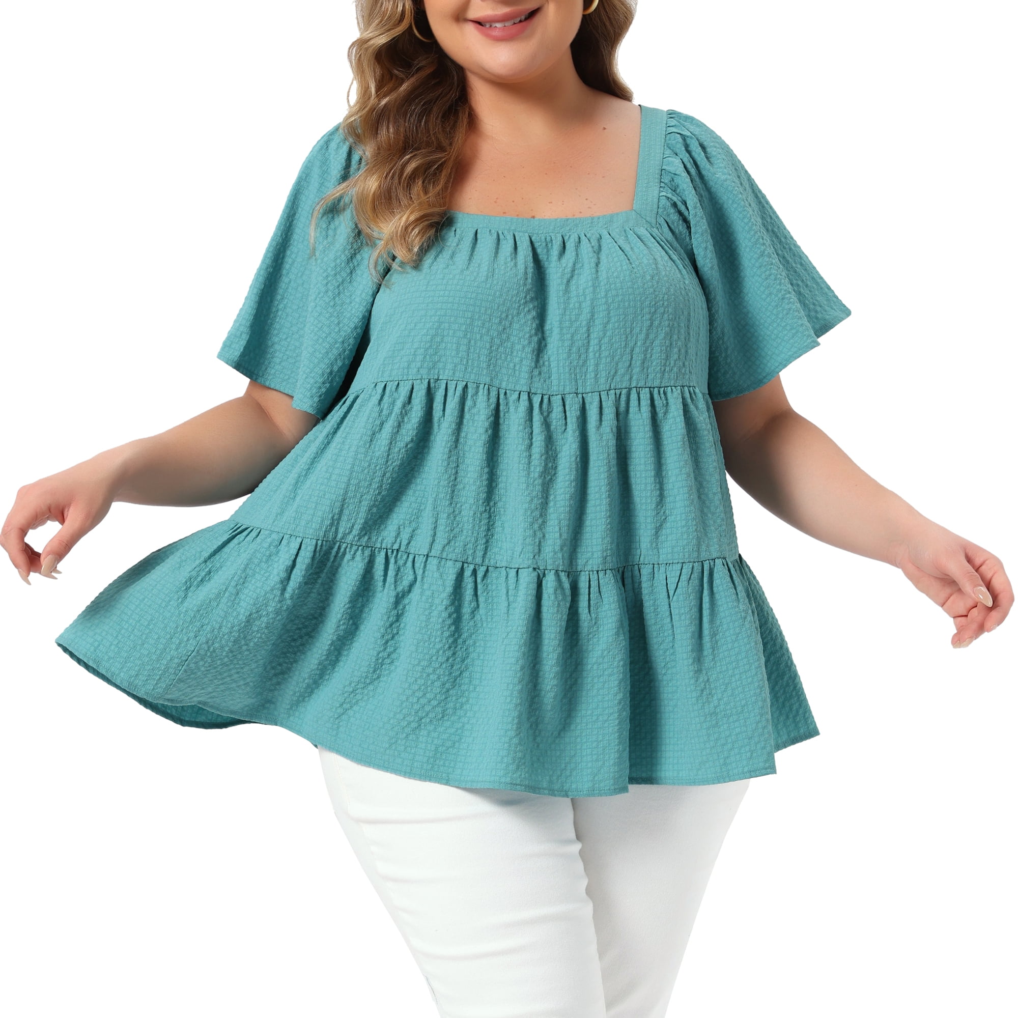 DARING DIVA Women's Plus Summer Square Neck Short Sleeve Tops 3X Lake Blue