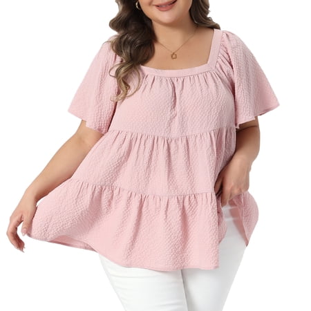 DARING DIVA Women's Plus Summer Square Neck Short Sleeve Tops 3X Pink