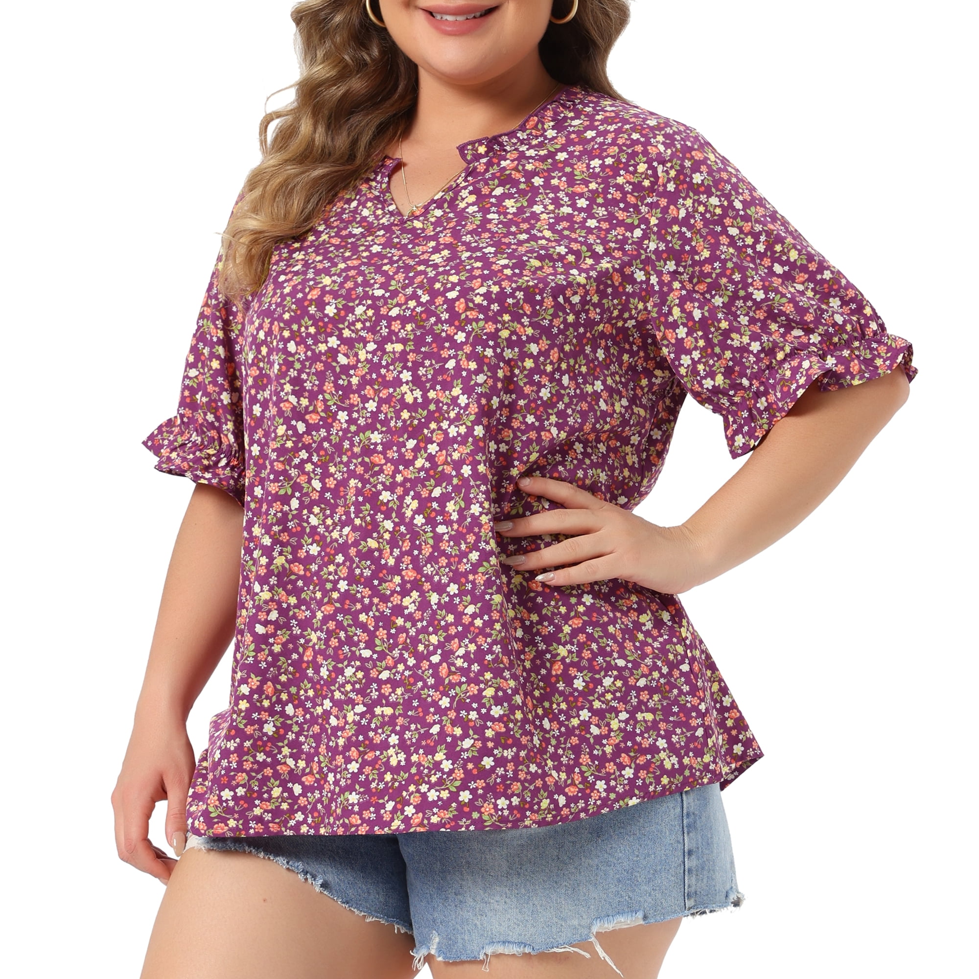 DARING DIVA Women's Plus Summer Top Floral V Neck Ruffle Puff  Casual Blouse Top 4X Purple