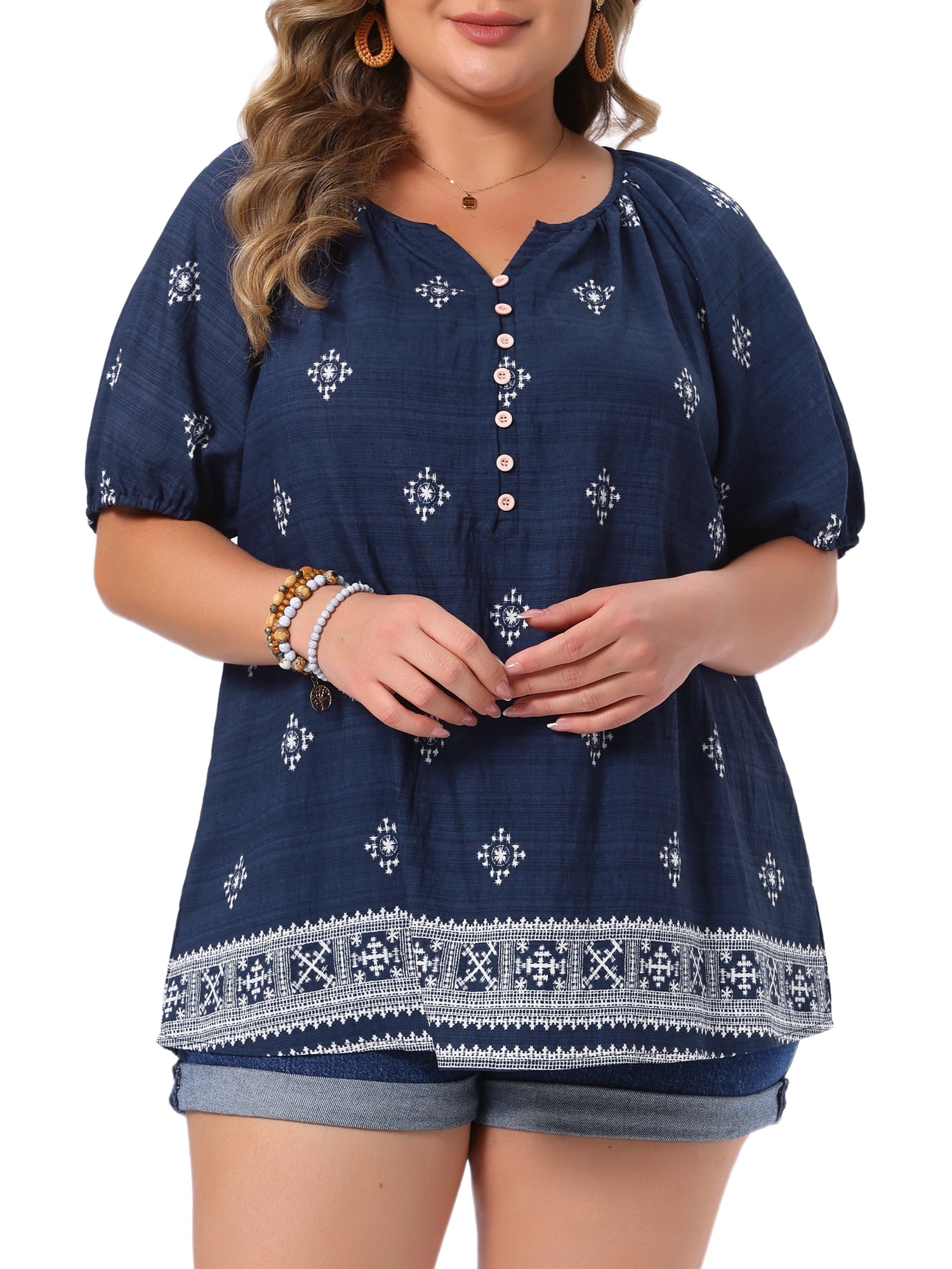 DARING DIVA Women's Plus Summer Top V Neck Short Sleeve Blouses 3X Navy Blue