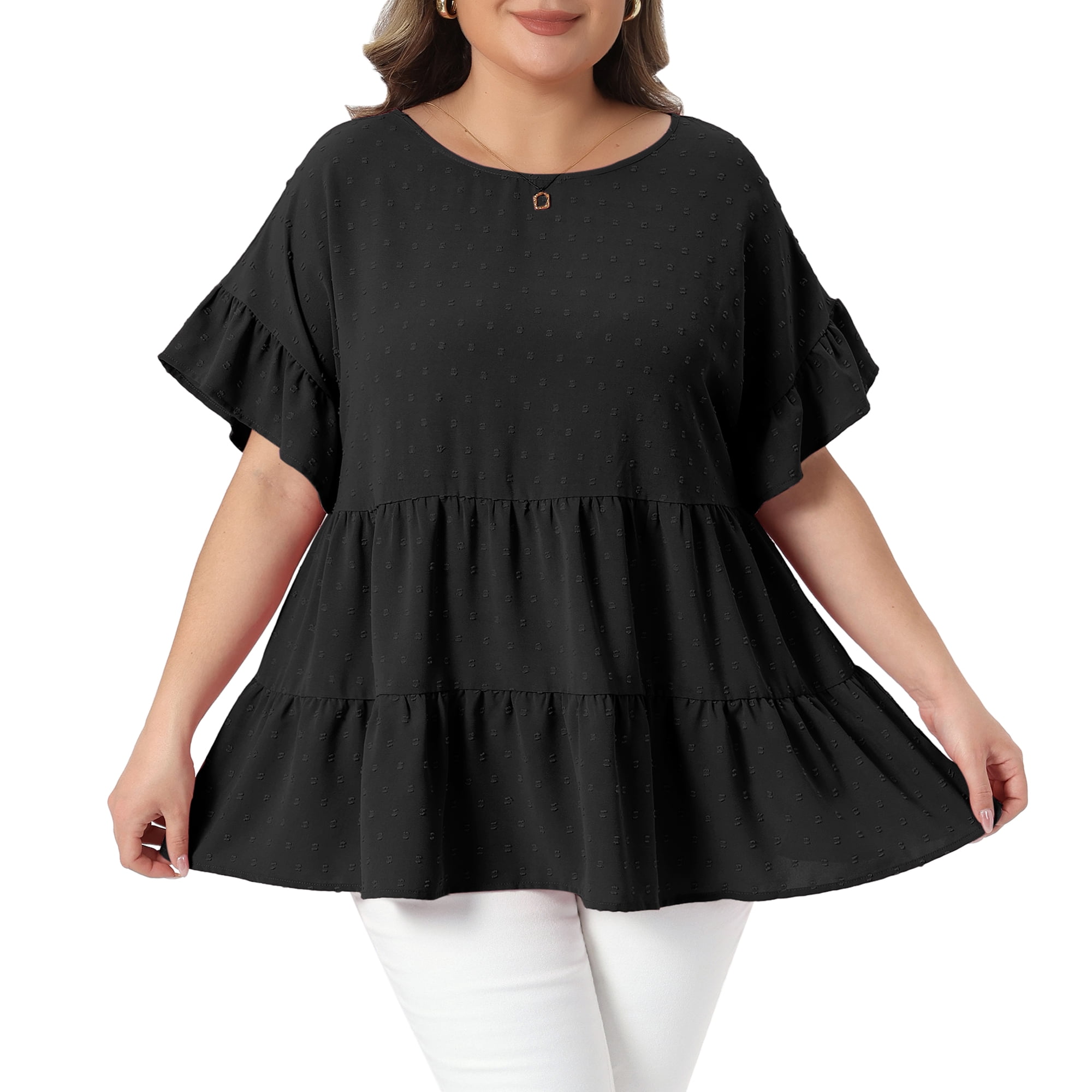 DARING DIVA Women's Plus Summer Tops Crew Neck Ruffle  Tiered Swiss Dots Blouses 2X Black