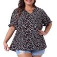 thumbnail image 1 of DARING DIVA Women's Plus Summer Tops Floral V Neck Ruffle Puff  Casual Blouse Top 5X Black, 1 of 6