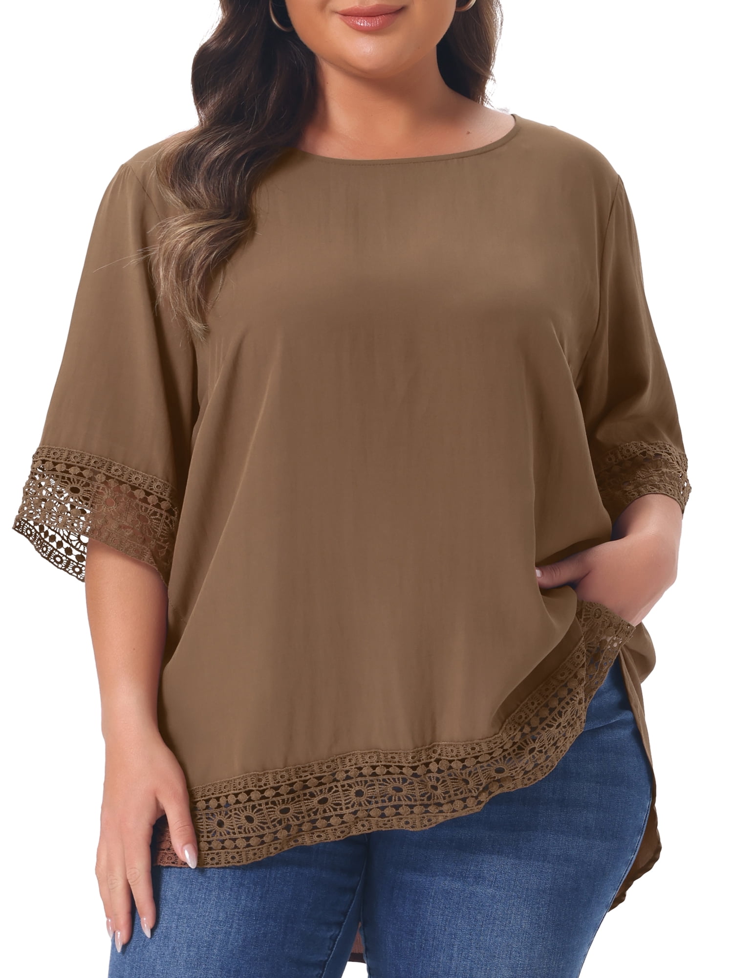 DARING DIVA Women's Plus Summer Tops Lace Crochet  Casual Cowl Neck Blouses 1X Dark khaki