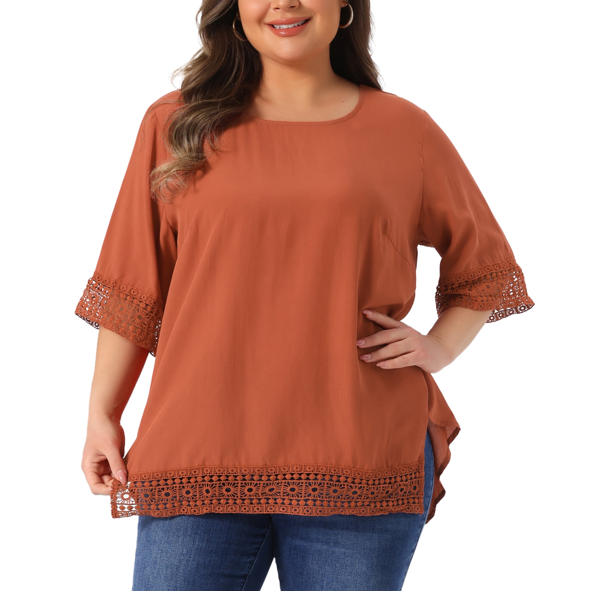 DARING DIVA Women's Plus Summer Tops Lace Crochet  Casual Cowl Neck Blouses 3X Rust Red