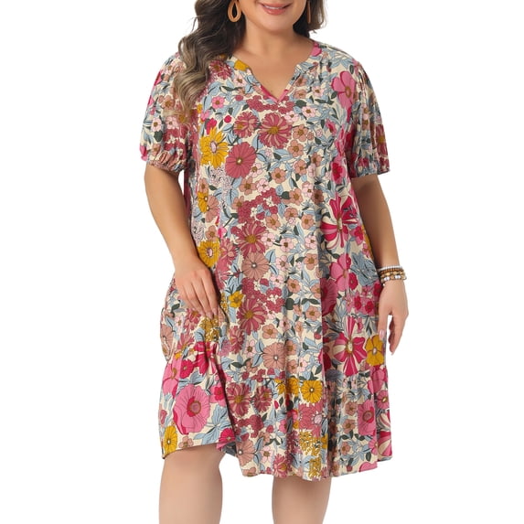 DARING DIVA Women's Plus Summer V Neck Short Sleeve Midi Dress 1X Pink