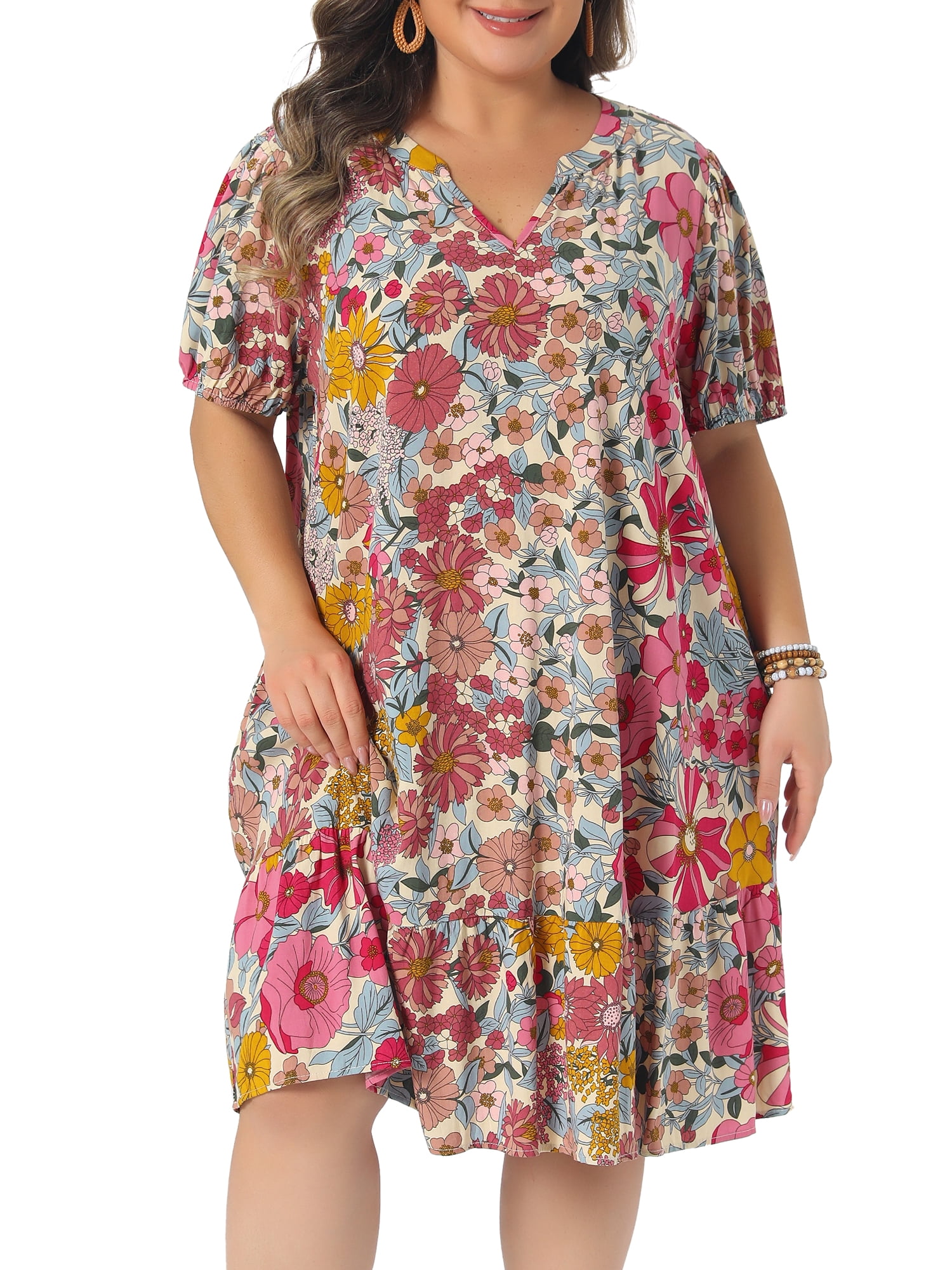 DARING DIVA Women's Plus Summer V Neck Short Sleeve Midi Dress 2X Pink