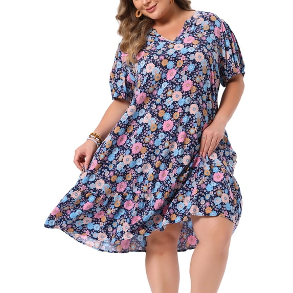 DARING DIVA Women's Plus Summer V Neck Short Sleeve Midi Dress 3X Dark Blue