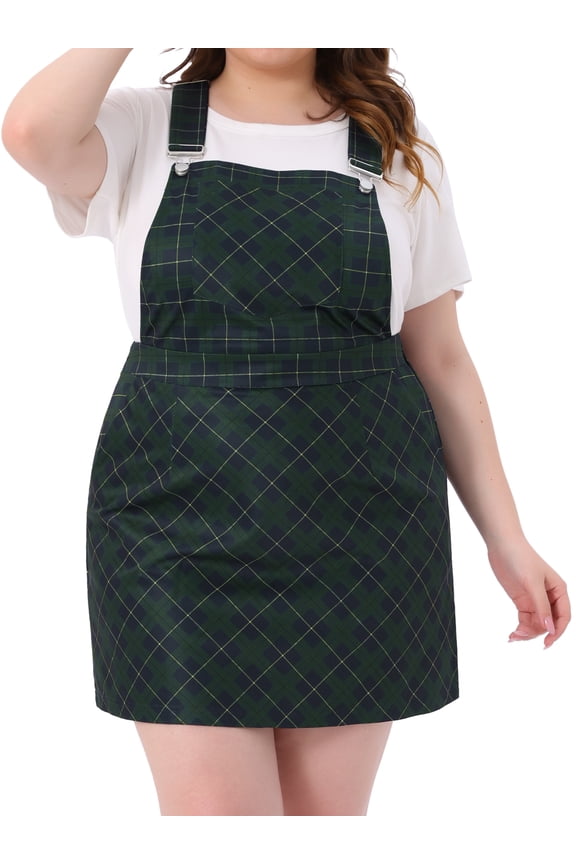Women's Plus Suspender Skirt Overall Pinafore Dress Plaid Print 4X Green