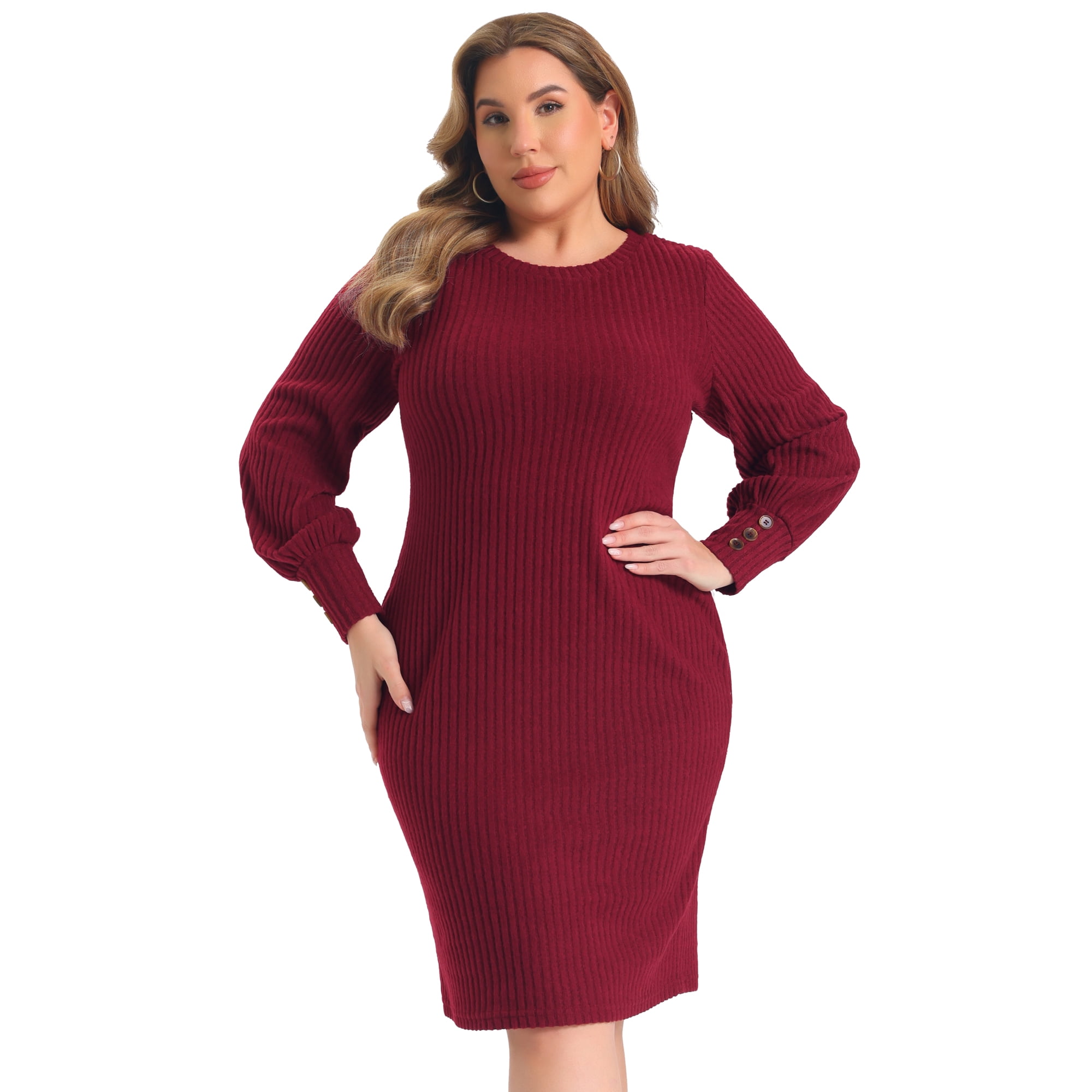 DARING DIVA Women's Plus Sweater Ribbed Knit Lantern Sleeve Dress 2X Dark Red