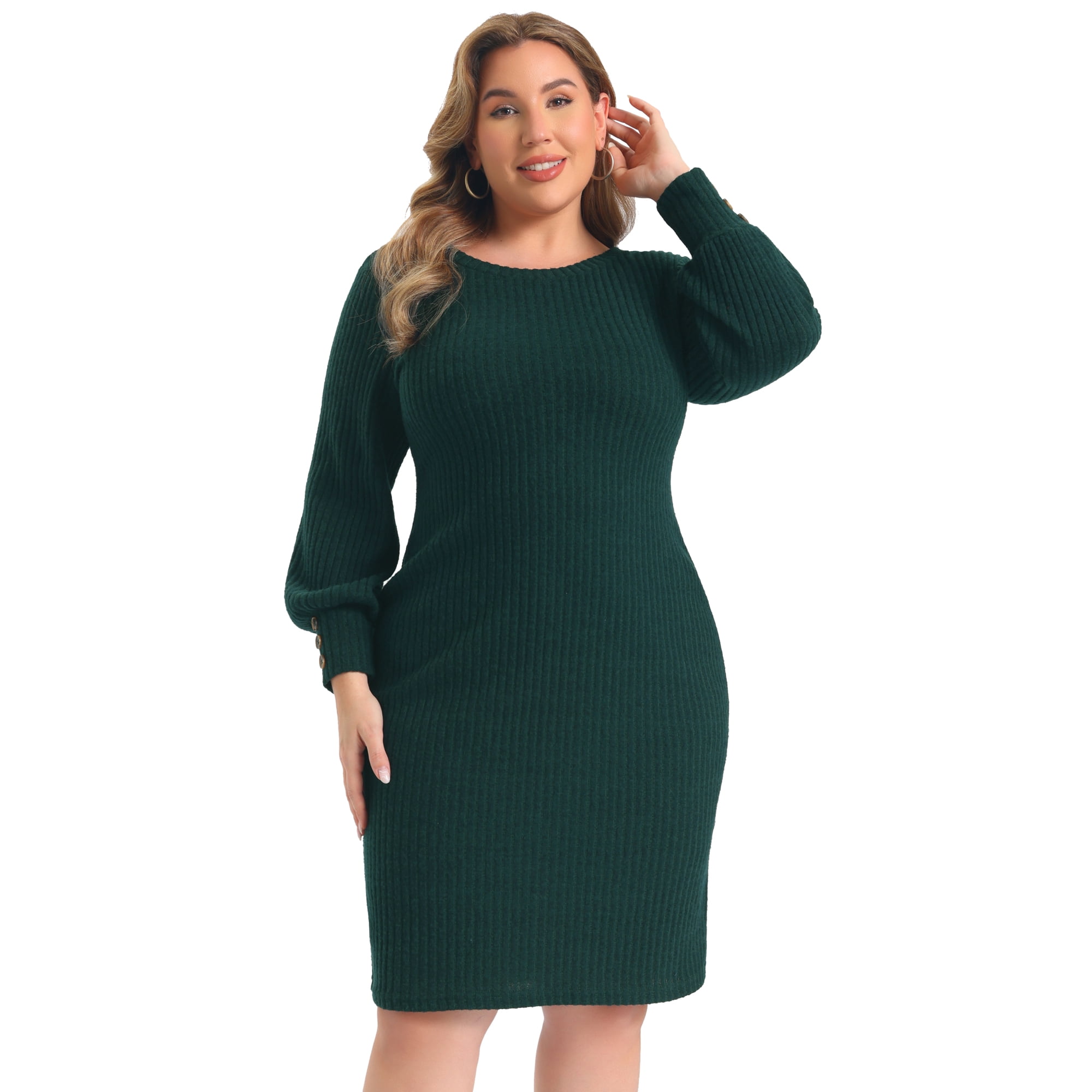 DARING DIVA Women's Plus Sweater Ribbed Knit Lantern Sleeve Dress 3X Dark Green