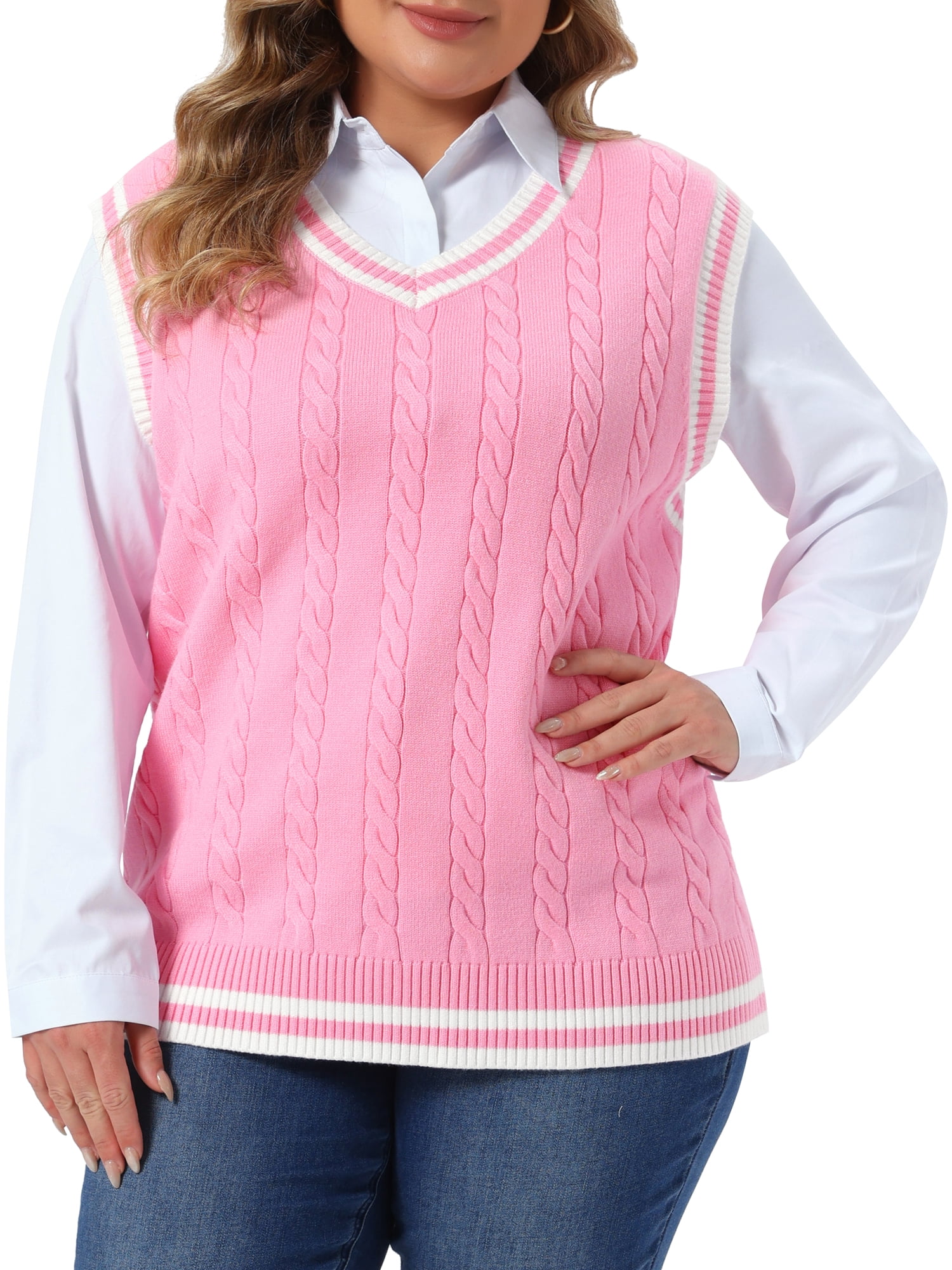 DARING DIVA Women's Plus Sweater V Neck Sleeveless Preppy Vest 2X Pink