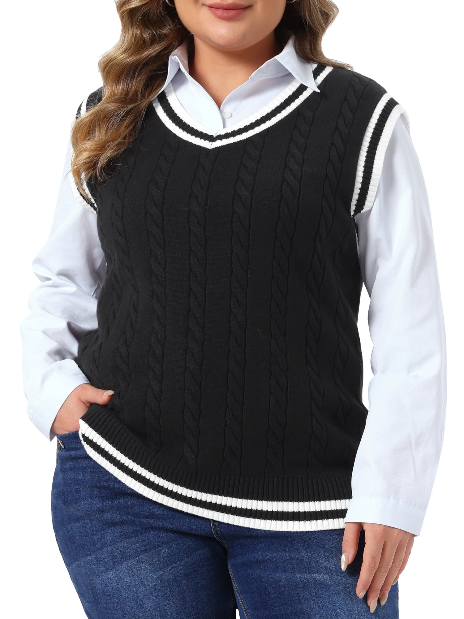 DARING DIVA Women's Plus Sweater V Neck Sleeveless Preppy Vest 3X Black