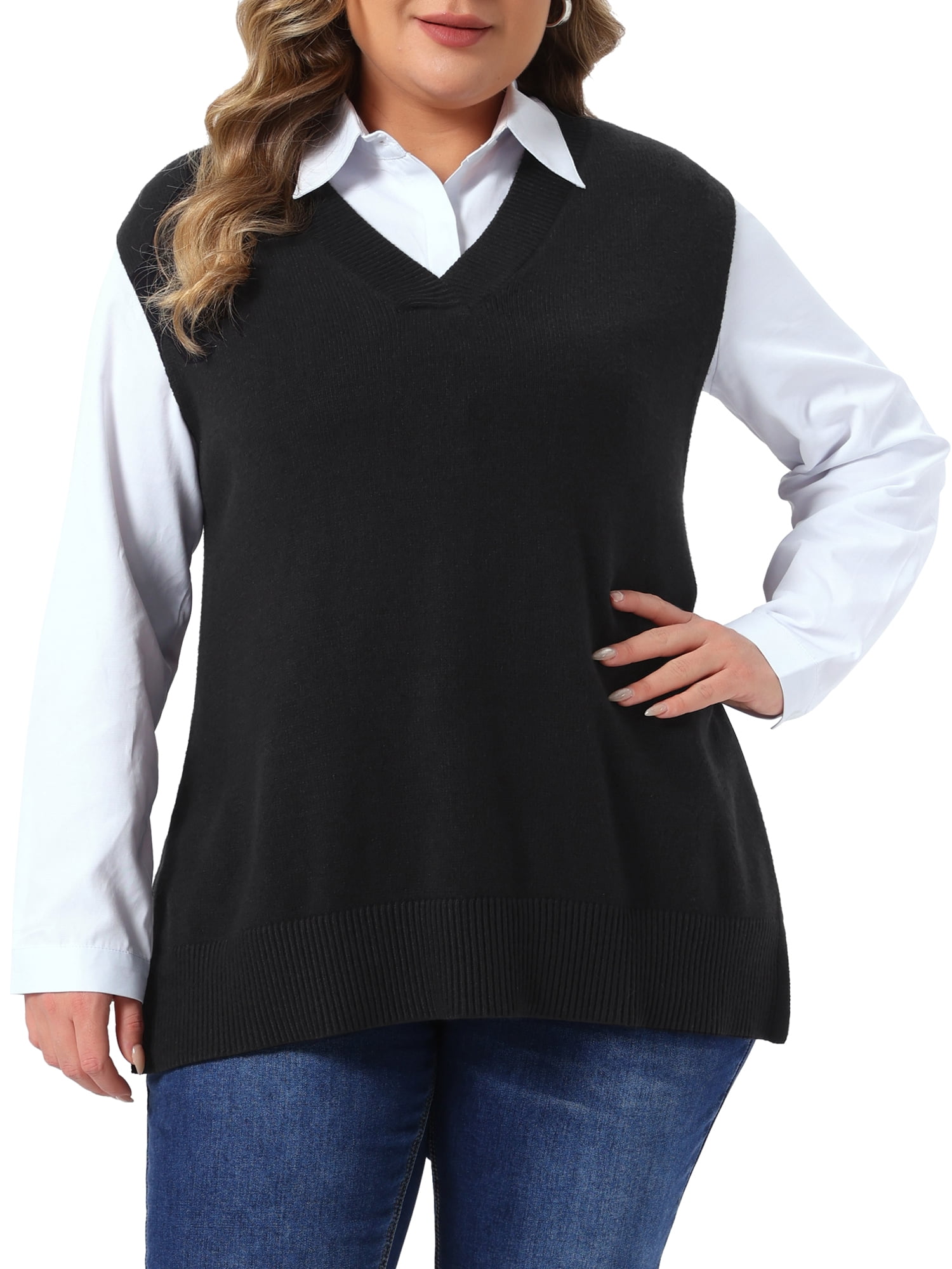 DARING DIVA Women's Plus Sweater Vest V Neck Sleeveless Knit Pullover Top 3X Black