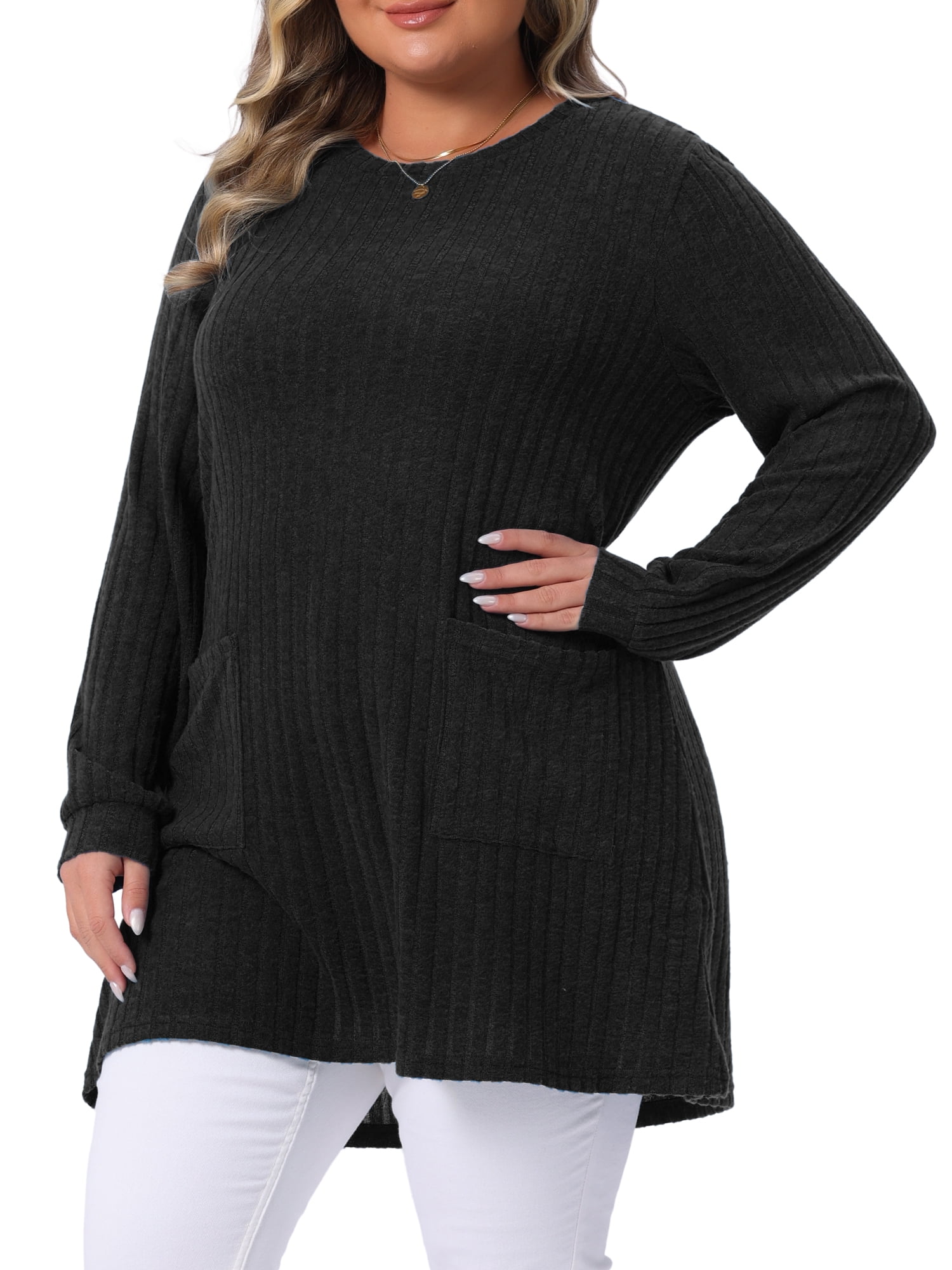 DARING DIVA Women's Plus Sweaters Round Neck Knit Loose Pocket Pullover Top 2X Black