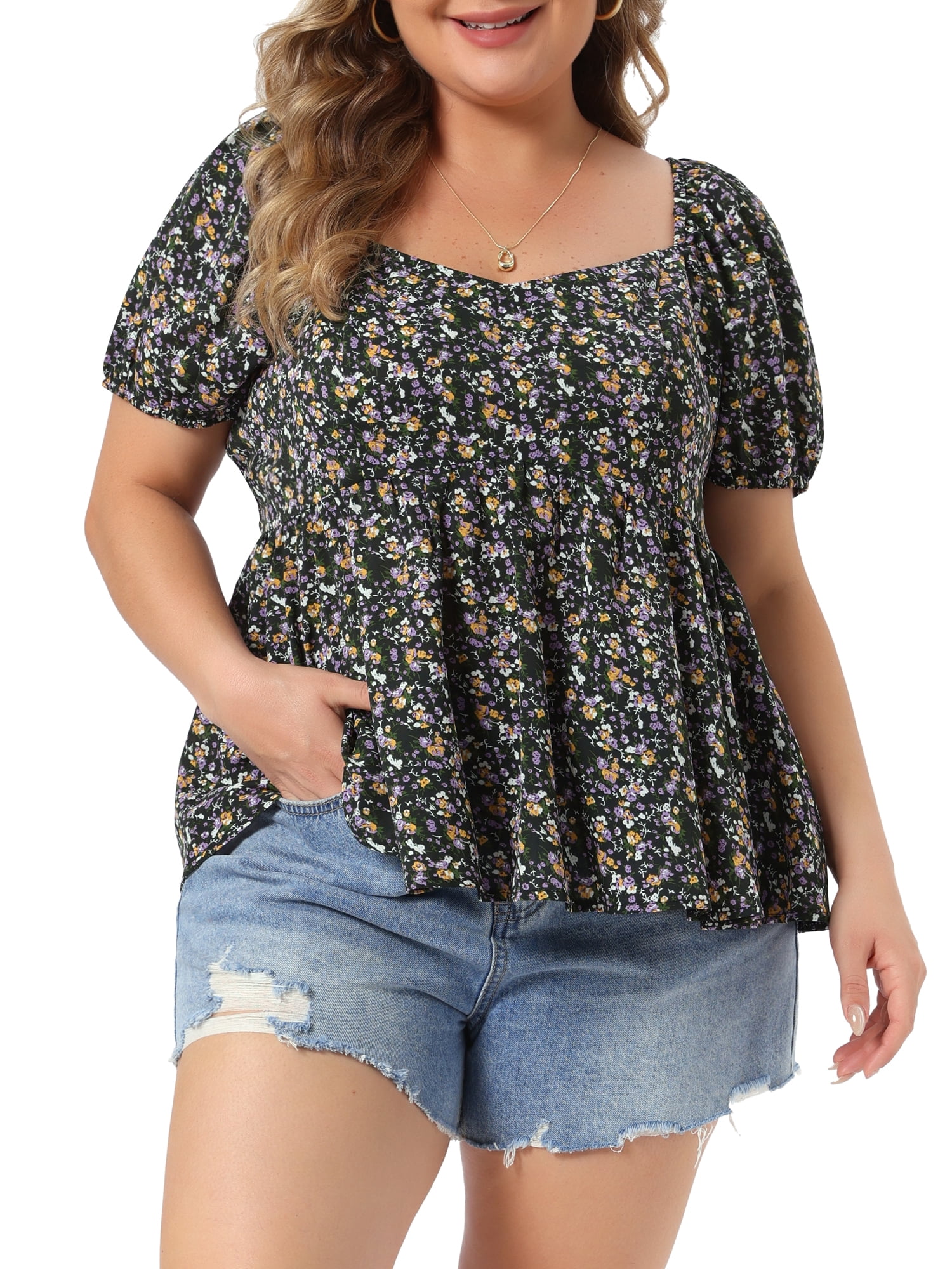DARING DIVA Women's Plus Sweetheart Neck  Floral Blouse with Ruffle Hem 1X Black