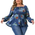 thumbnail image 1 of DARING DIVA Women's Plus Sweetheart Neck Long Sleeve Floral Blouse 1X Blue, 1 of 5