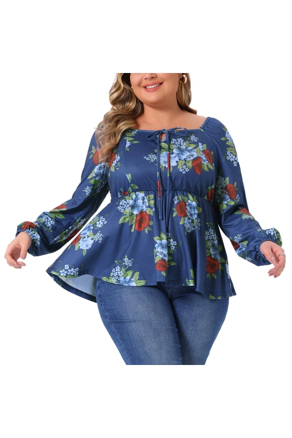 Women's Plus Sweetheart Neck Long Sleeve Floral Blouse 1X Blue
