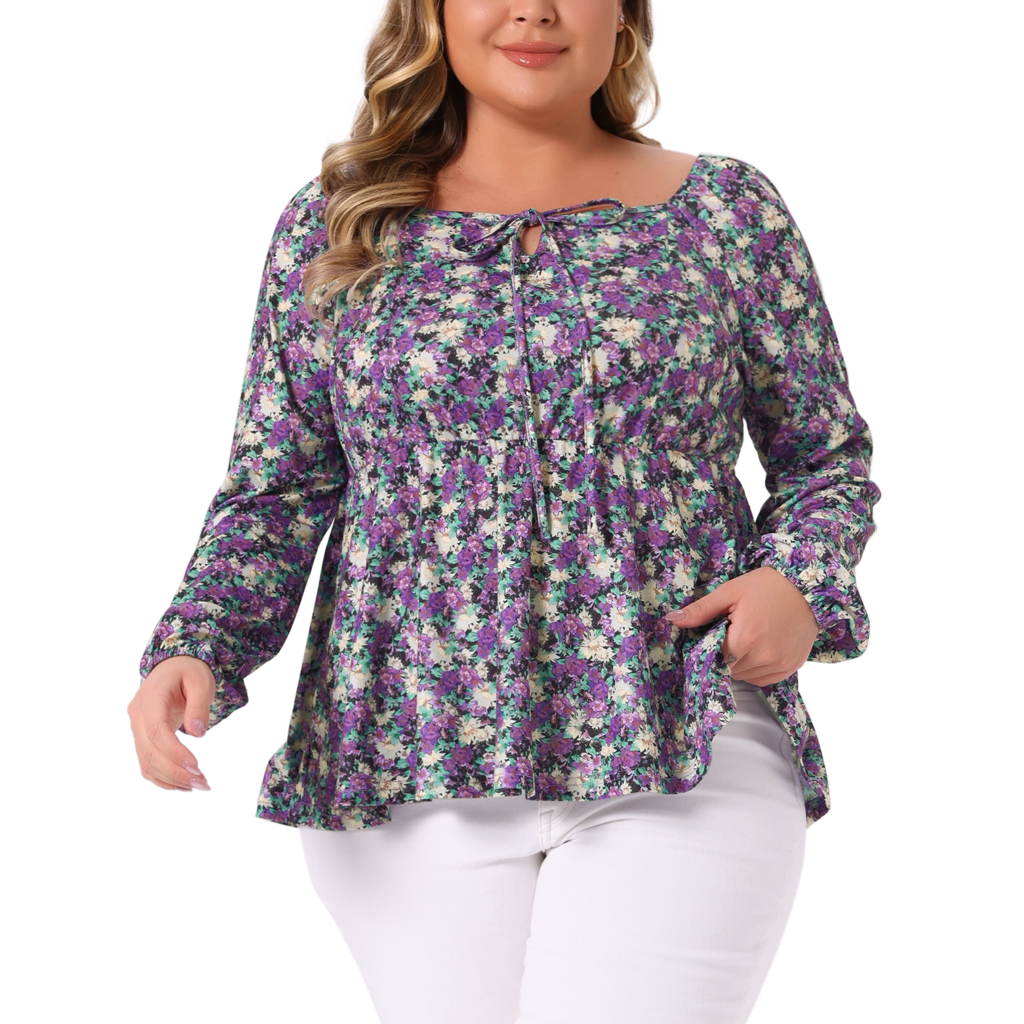 DARING DIVA Women's Plus Sweetheart Neck Long Sleeve Floral Blouse 2X Purple