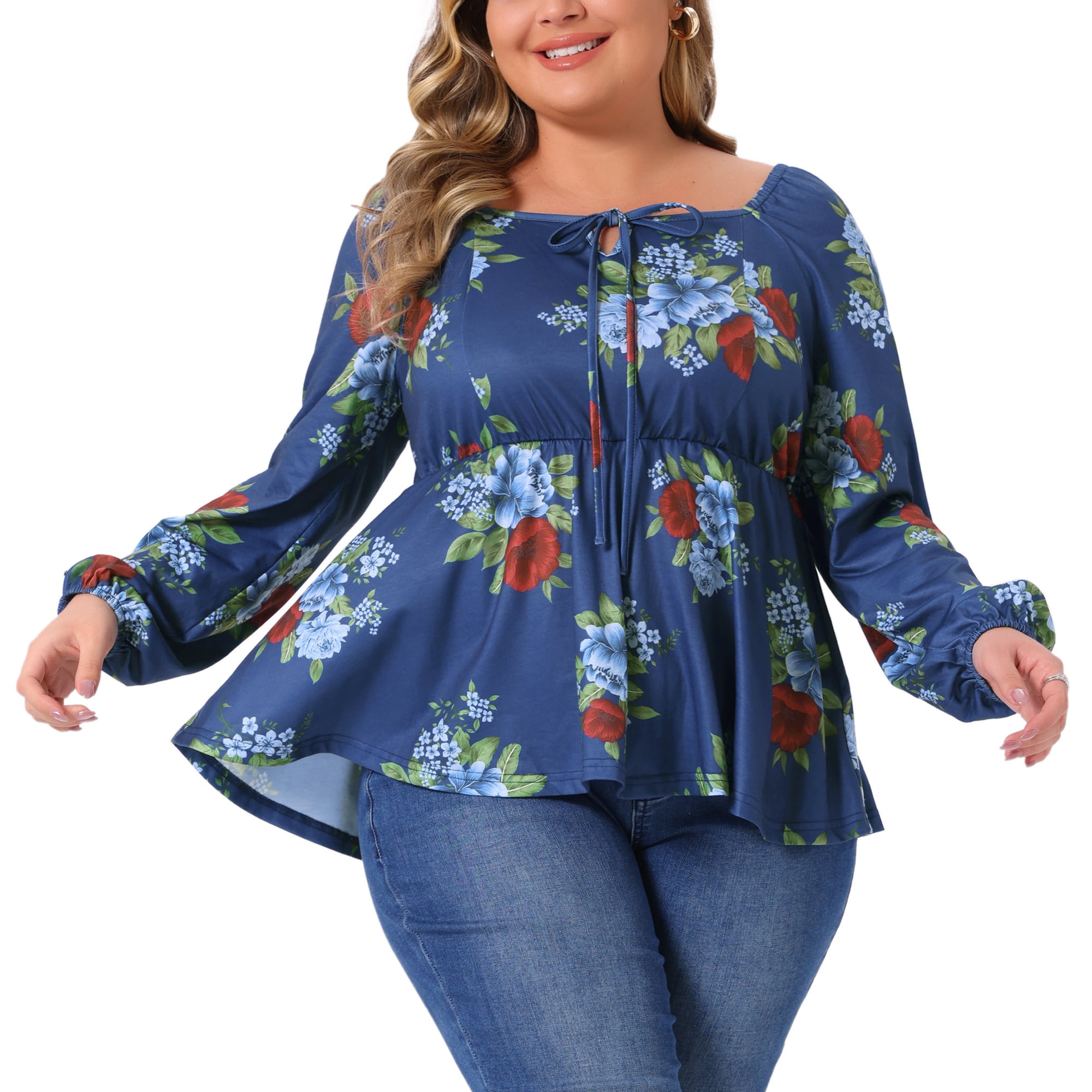 DARING DIVA Women's Plus Sweetheart Neck Long Sleeve Floral Blouse 4X Blue