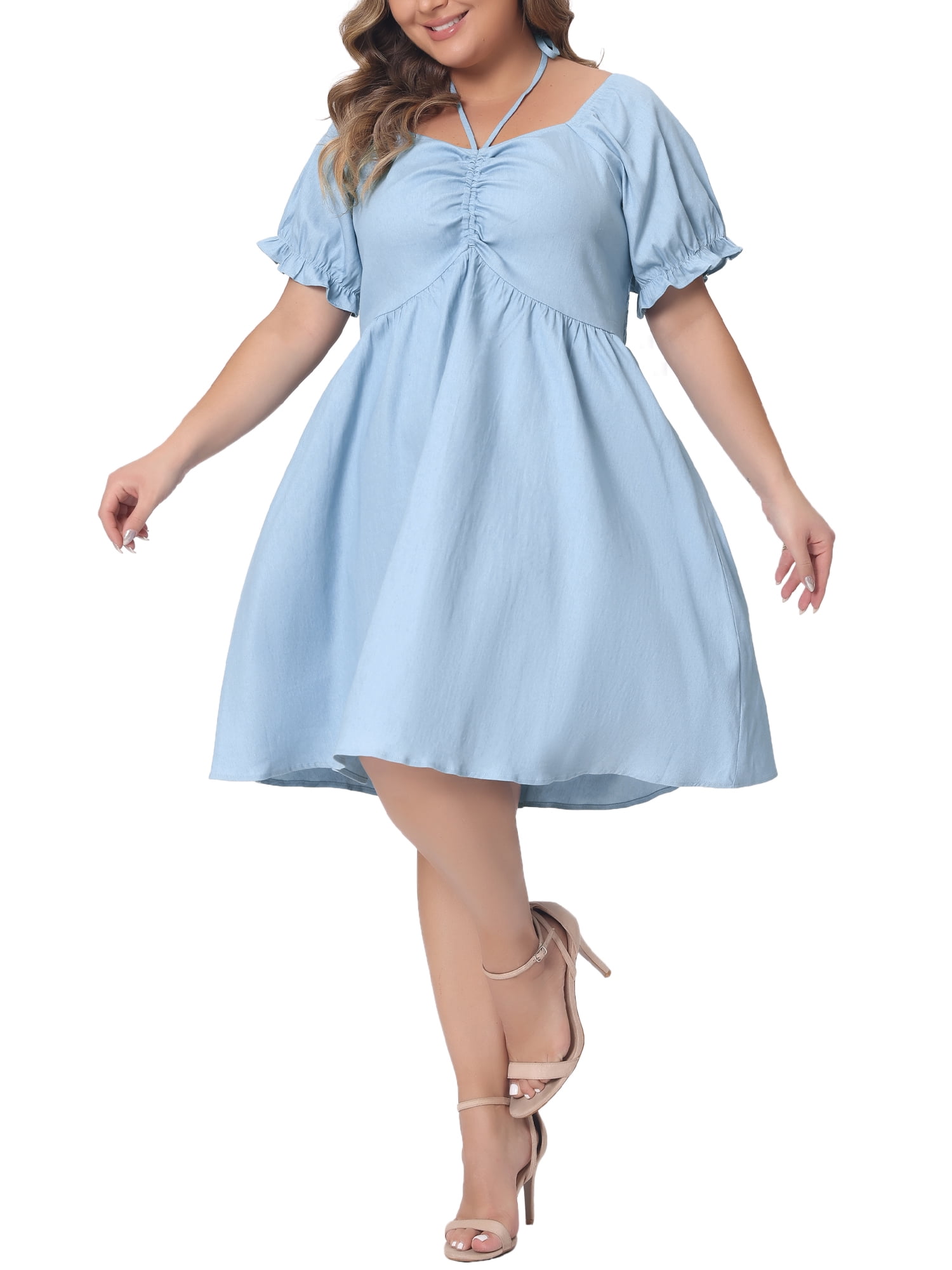 DARING DIVA Women's Plus Sweetheart Neck Puff Sleeve Dress 1X Light Blue