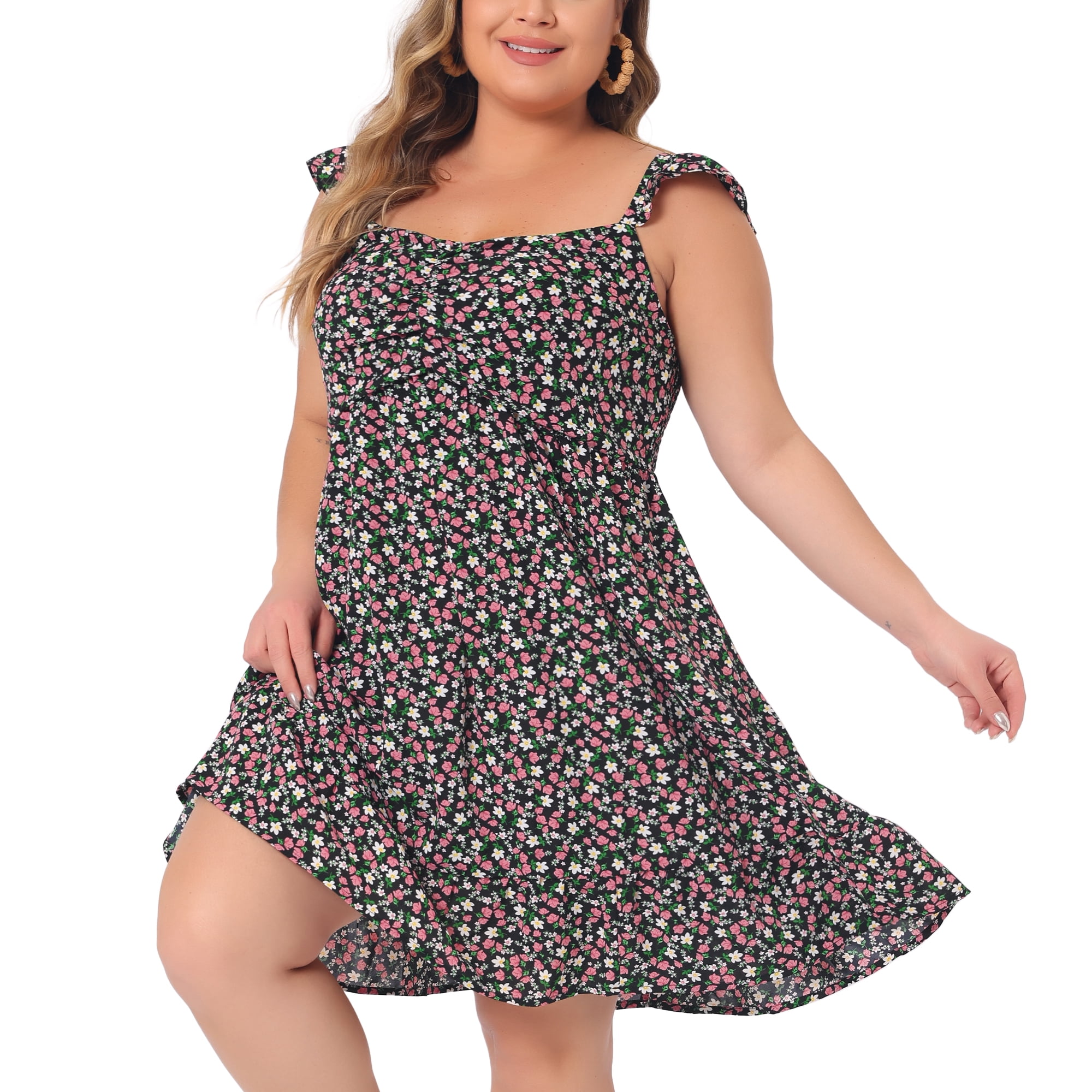 DARING DIVA Women's Plus Sweetheart Neck Ruffle Backless Floral Dresses 2X Black