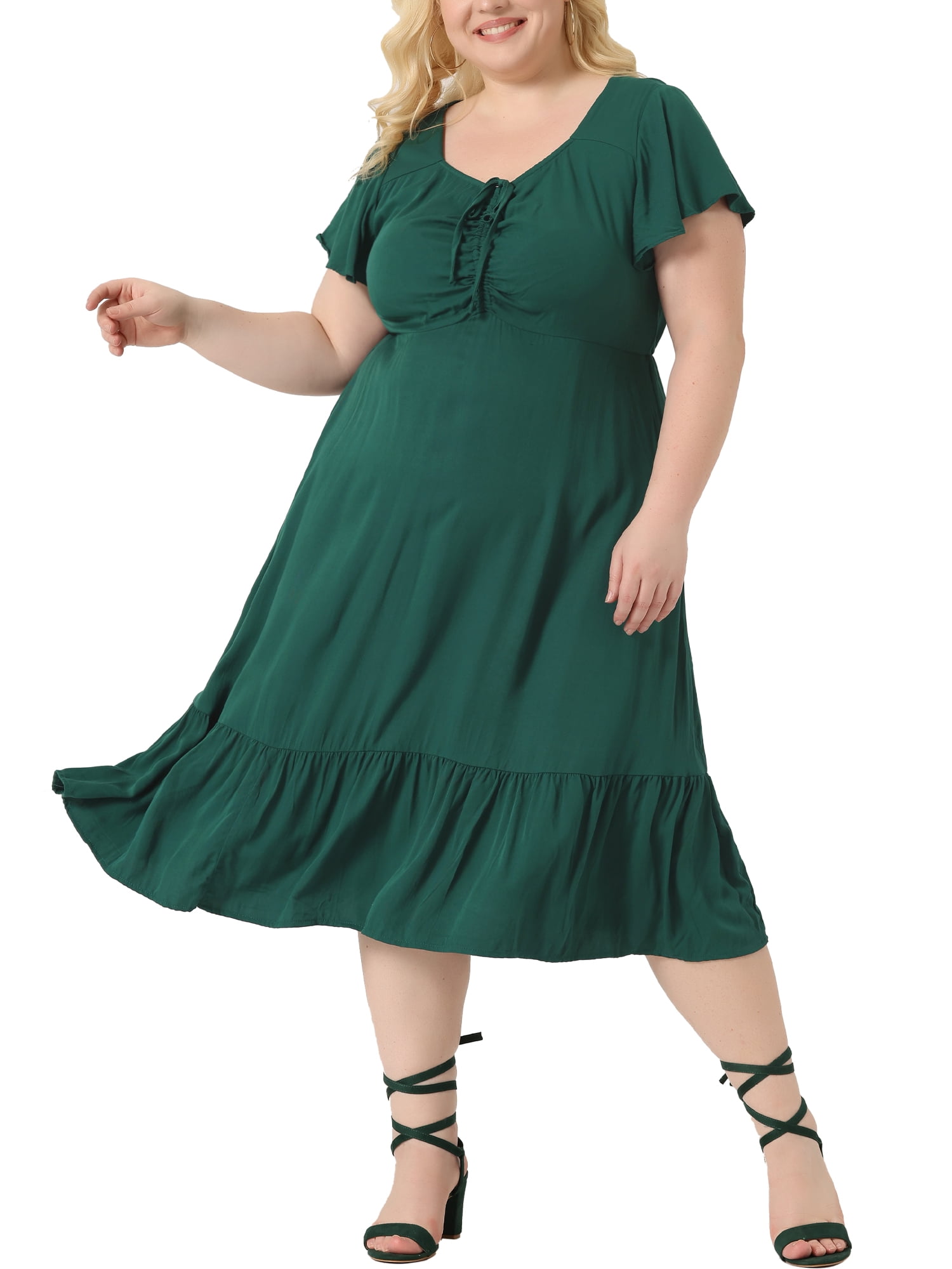 DARING DIVA Women's Plus Sweetheart Neck Ruffle Tiered Maxi Dresses 1X Dark Green