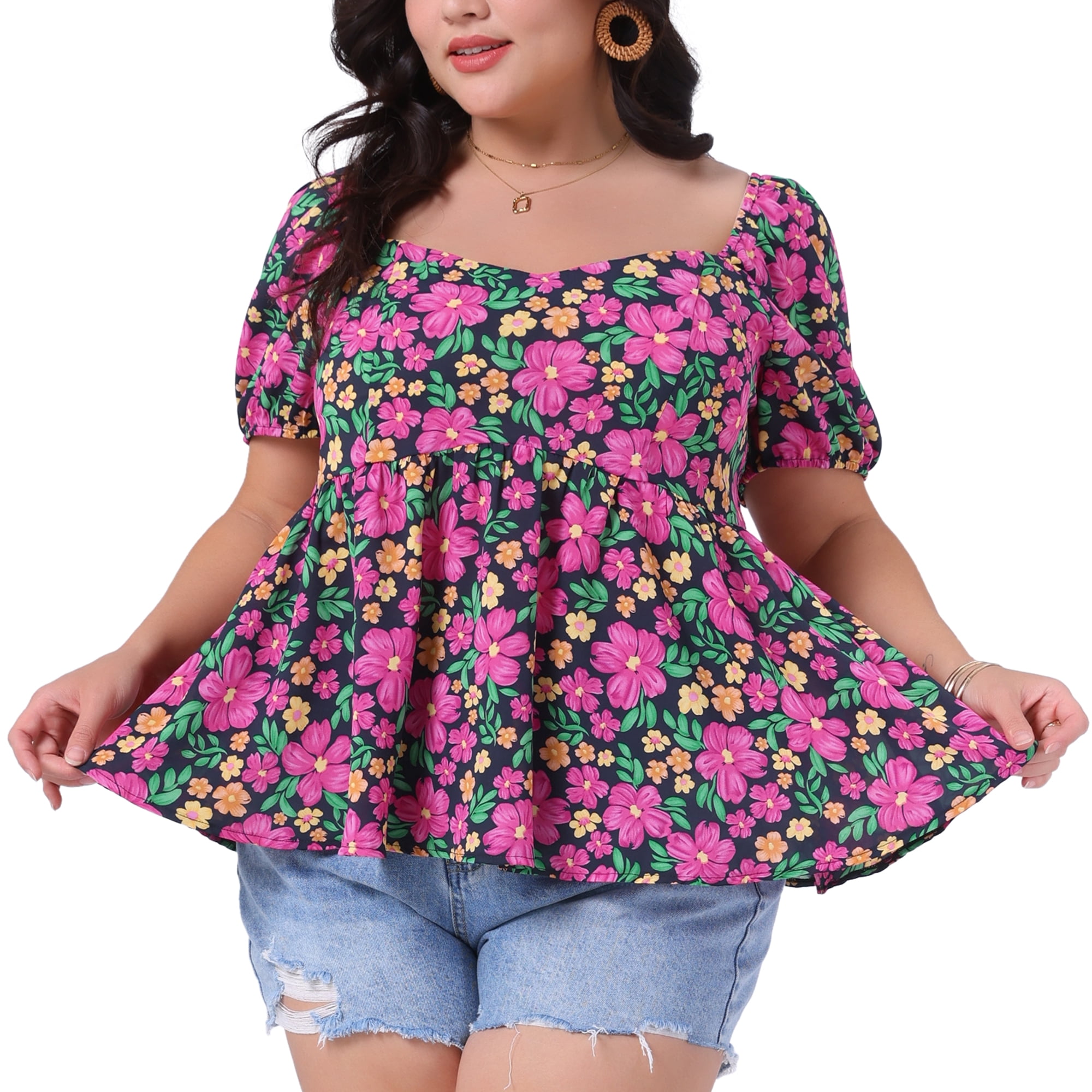 Women's Plus Sweetheart Neck Short Sleeve Floral Blouse with Ruffle Hem 1X Hot Pink