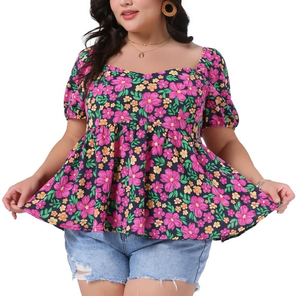 DARING DIVA Women's Plus Sweetheart Neck Short Sleeves Floral Blouse 1X Hot Pink