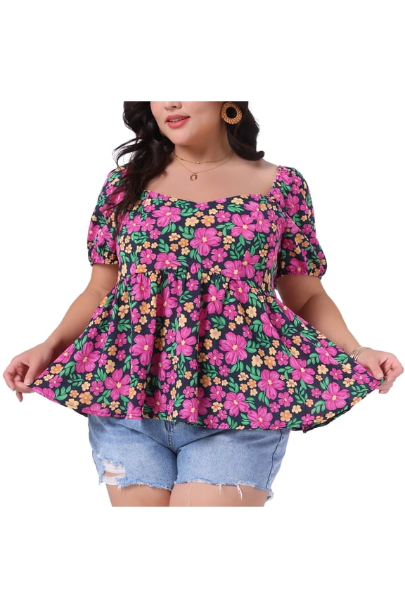 Women's Plus Sweetheart Neck Short Sleeves Floral Blouse 1X Hot Pink