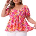thumbnail image 1 of DARING DIVA Women's Plus Sweetheart Neck Short Sleeves Floral Blouse 3X Orange Pink, 1 of 6