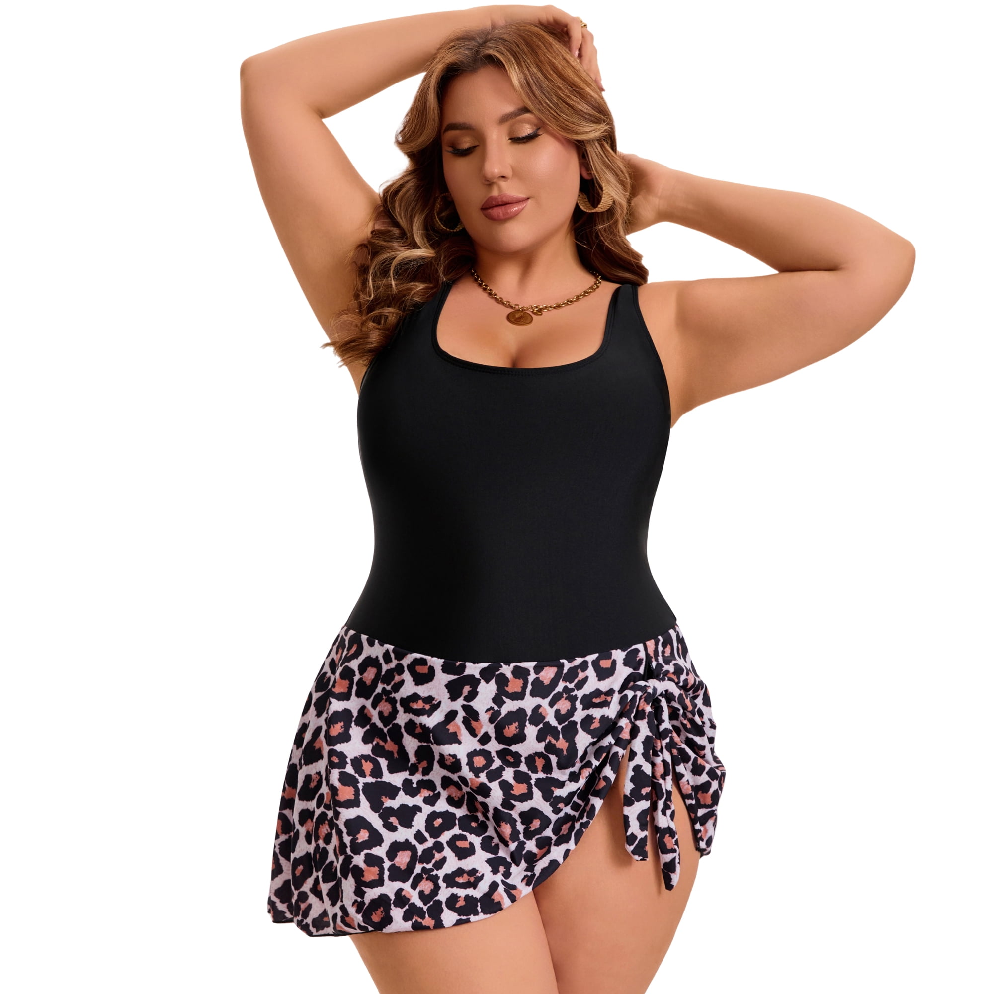 DARING DIVA Women's Plus Swimdress Floral Push Up Bathing Suit 3X Leopard Brown