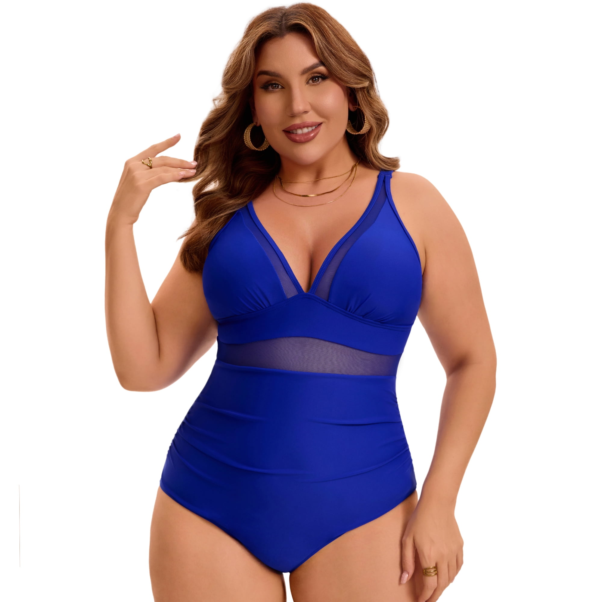 DARING DIVA Women's Plus Swimsuit Mesh V Neck Bathing Suit 1X Blue