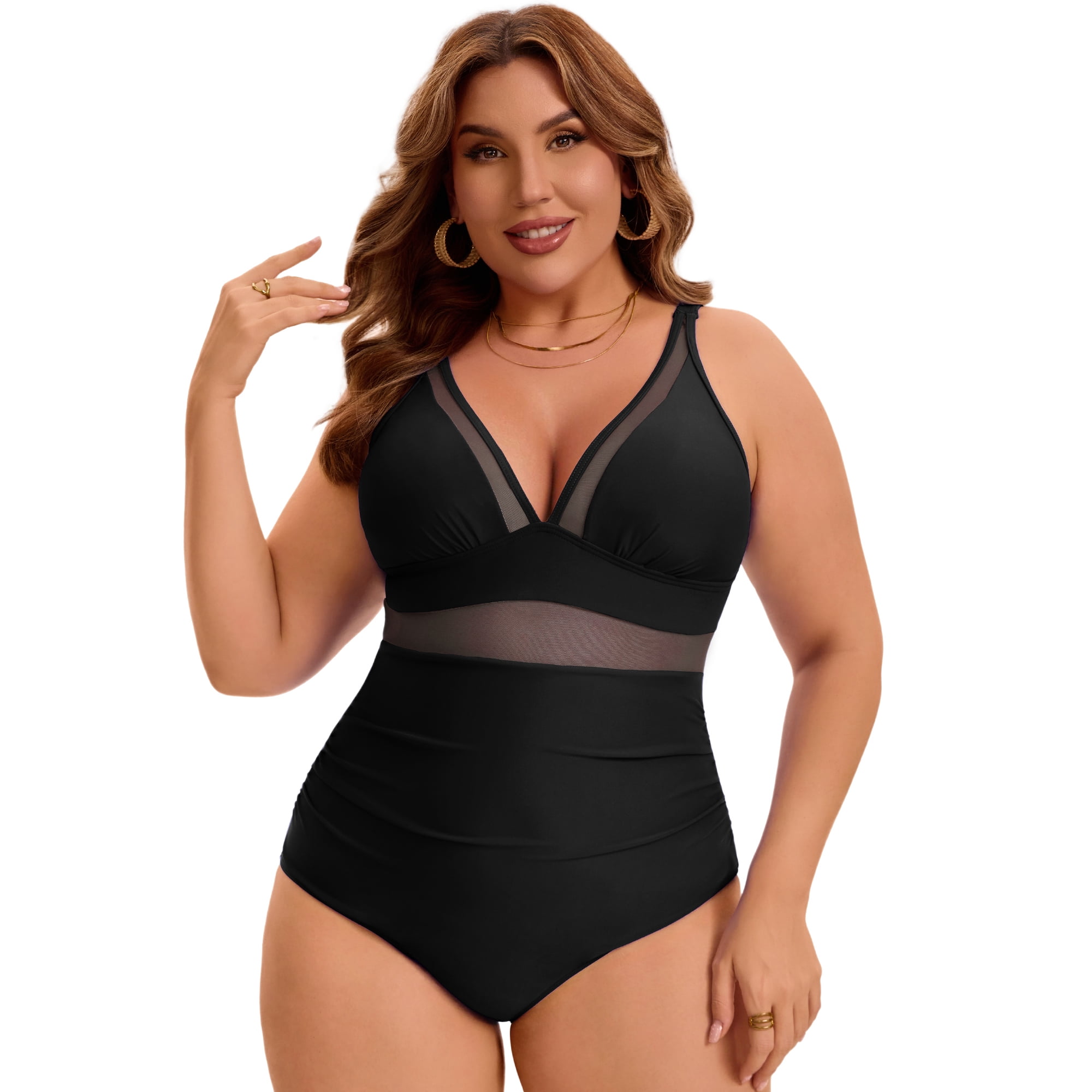 DARING DIVA Women's Plus Swimsuit Mesh V Neck Bathing Suit 3X Black