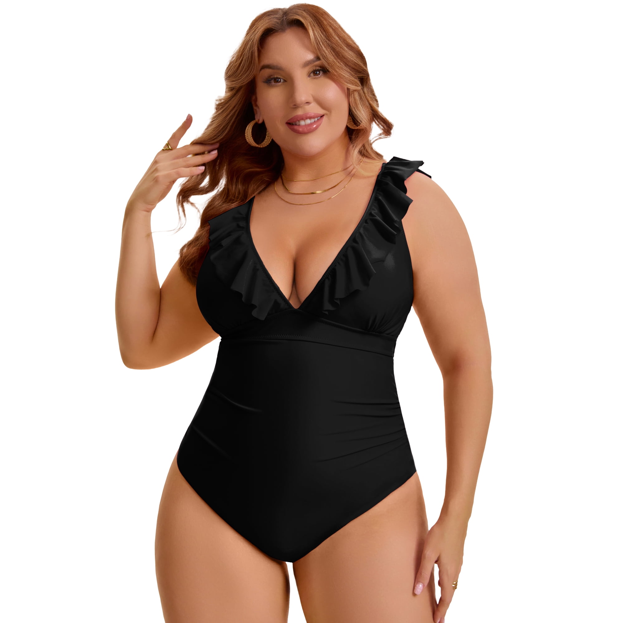 DARING DIVA Women's Plus Swimsuit Ruffled V Neck Tummy Control Bathing Suit 3X Black