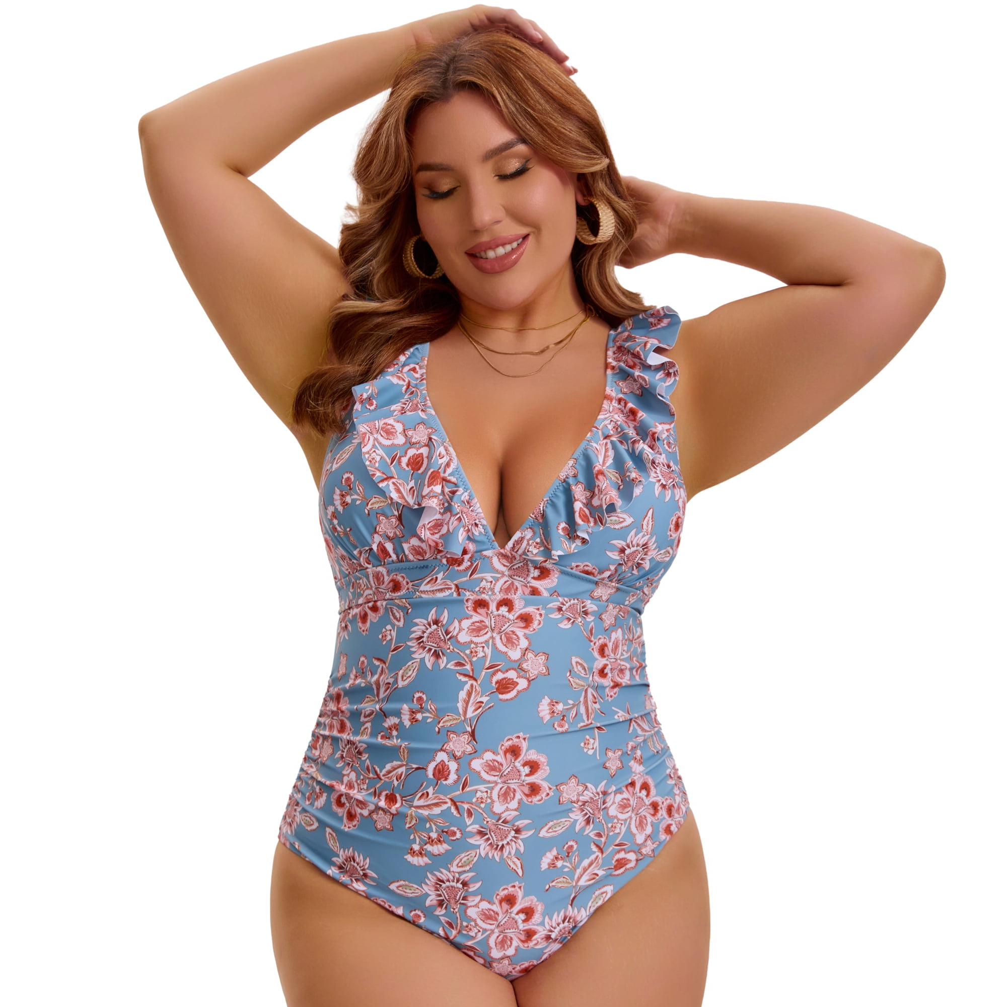 DARING DIVA Women's Plus Swimsuit Ruffled V Neck Tummy Control Bathing Suit 4X Sage Green