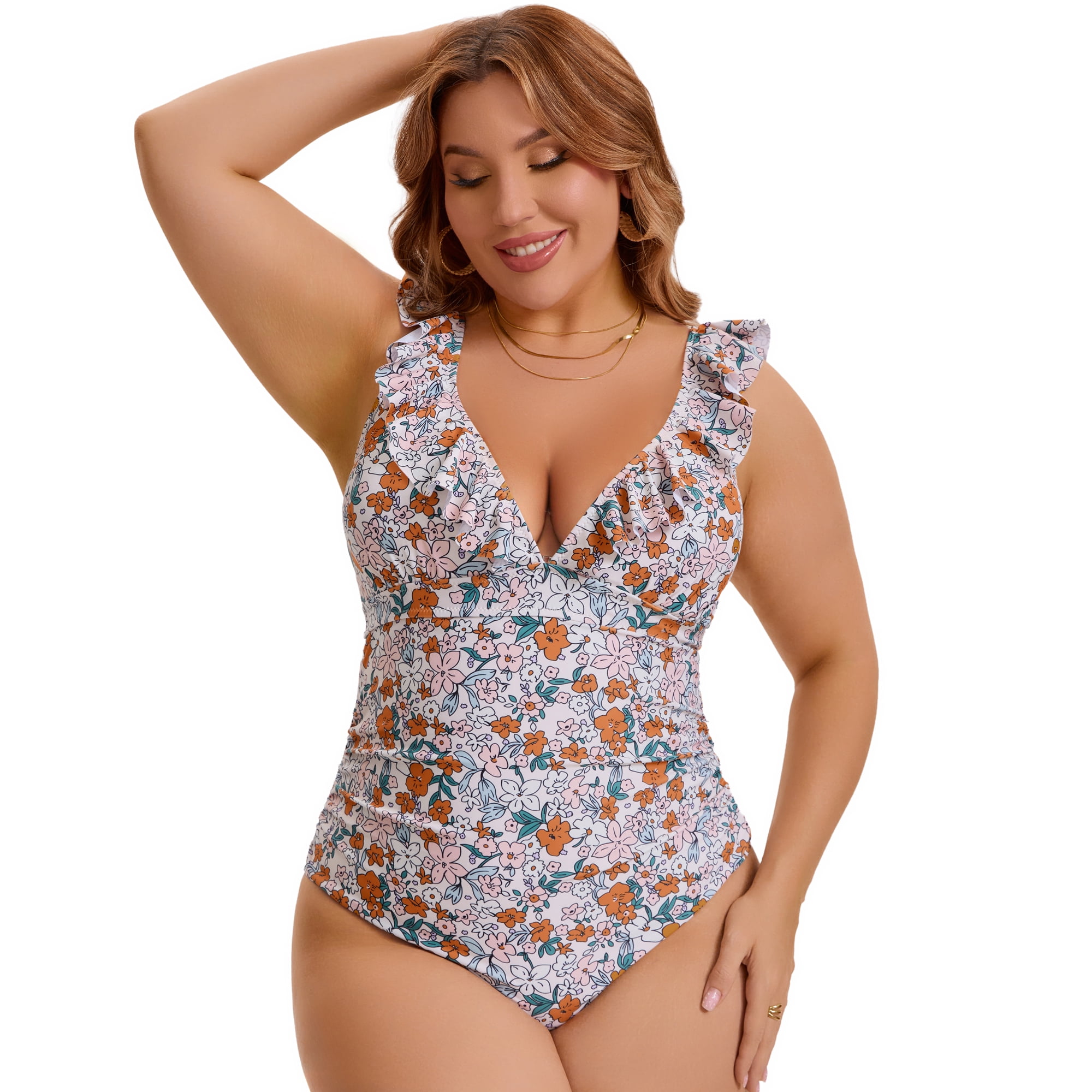 DARING DIVA Women's Plus Swimsuit Ruffled V Neck Tummy Control Bathing Suit L Beige