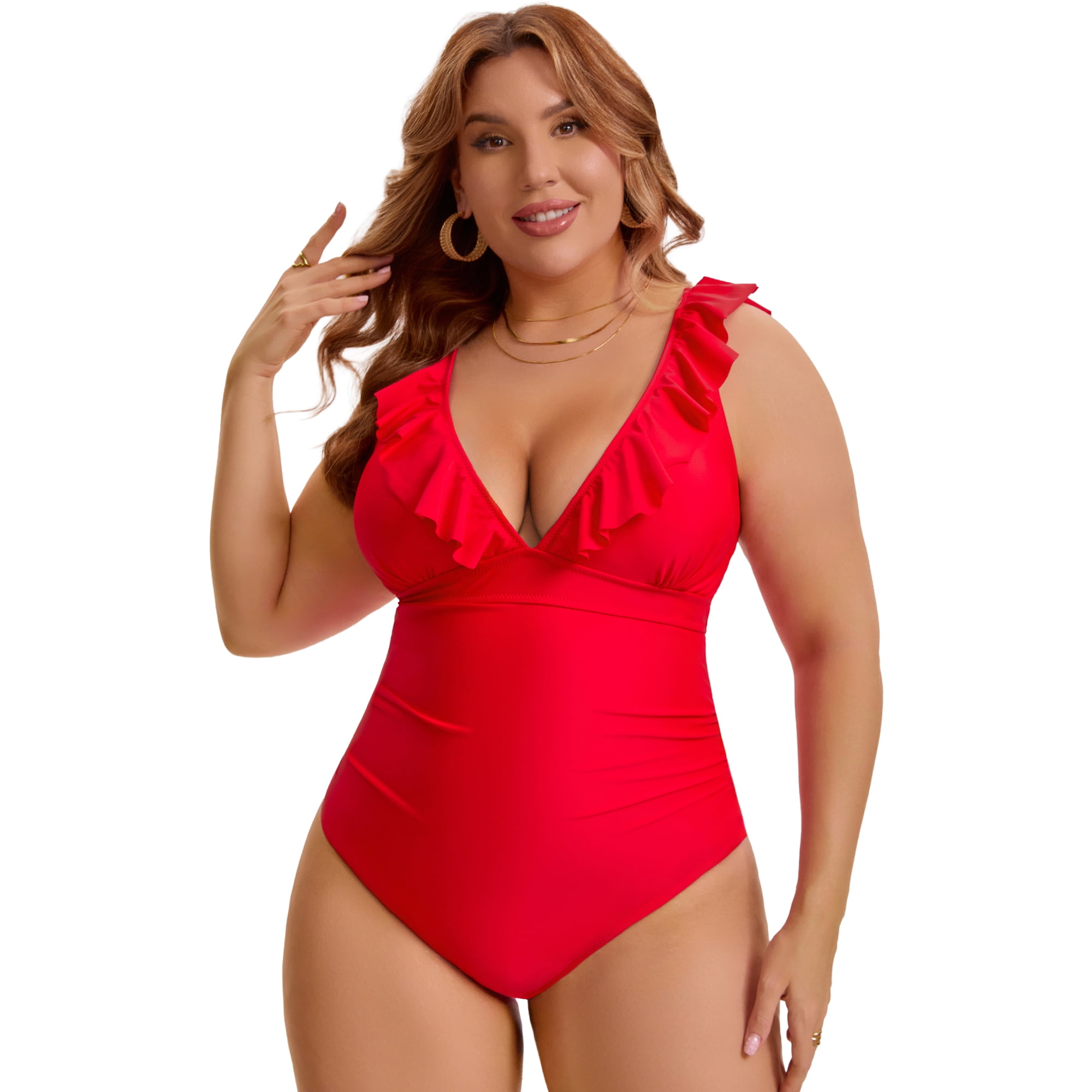 DARING DIVA Women's Plus Swimsuit Ruffled V Neck Tummy Control Bathing Suit L Red