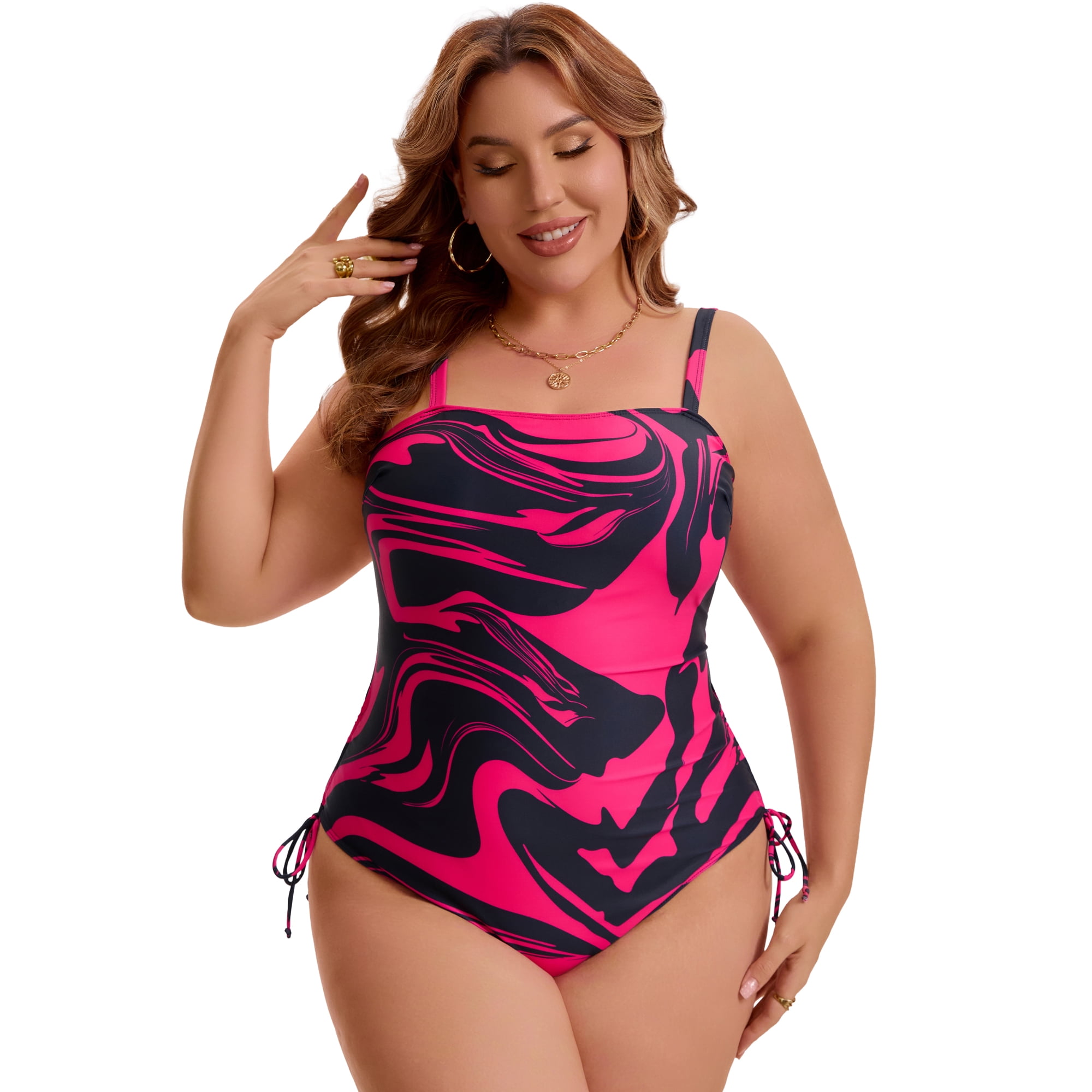 DARING DIVA Women's Plus Swimsuit Tummy Control Bathing Suit Ruched High Cut 3X Hot Pink