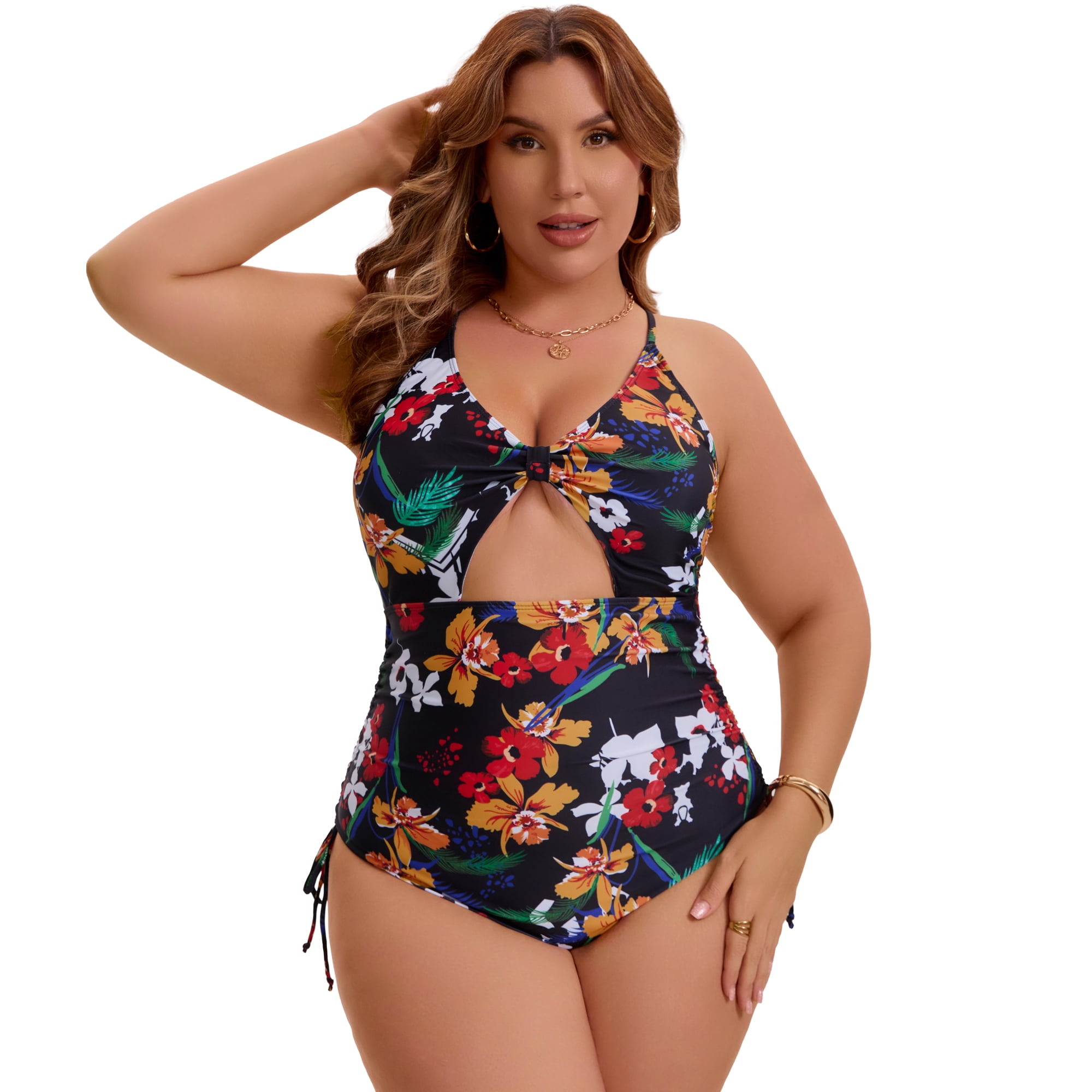 DARING DIVA Women's Plus Swimsuit Tummy Control Cutout Monokini 1X Yellow Red Floral
