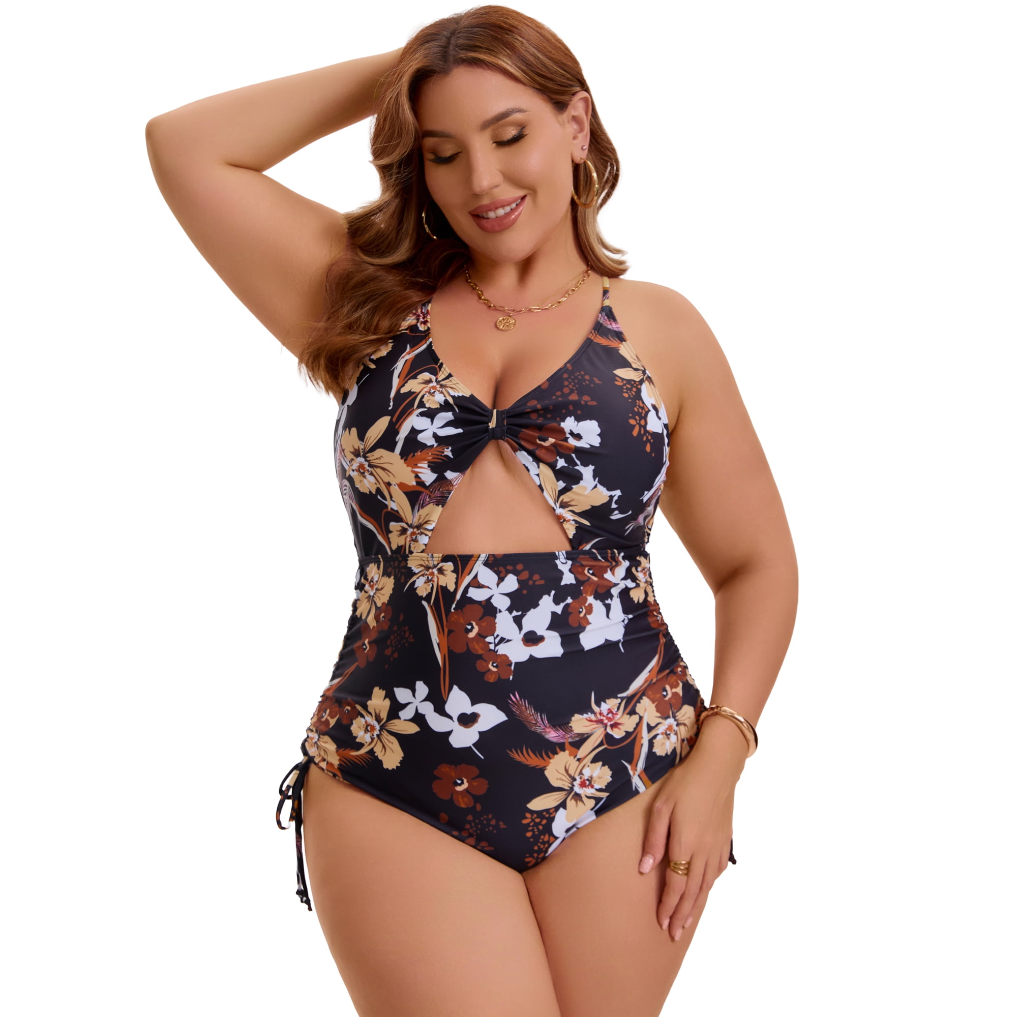 DARING DIVA Women's Plus Swimsuit Tummy Control Cutout Monokini 2X Yellow Brown Floral