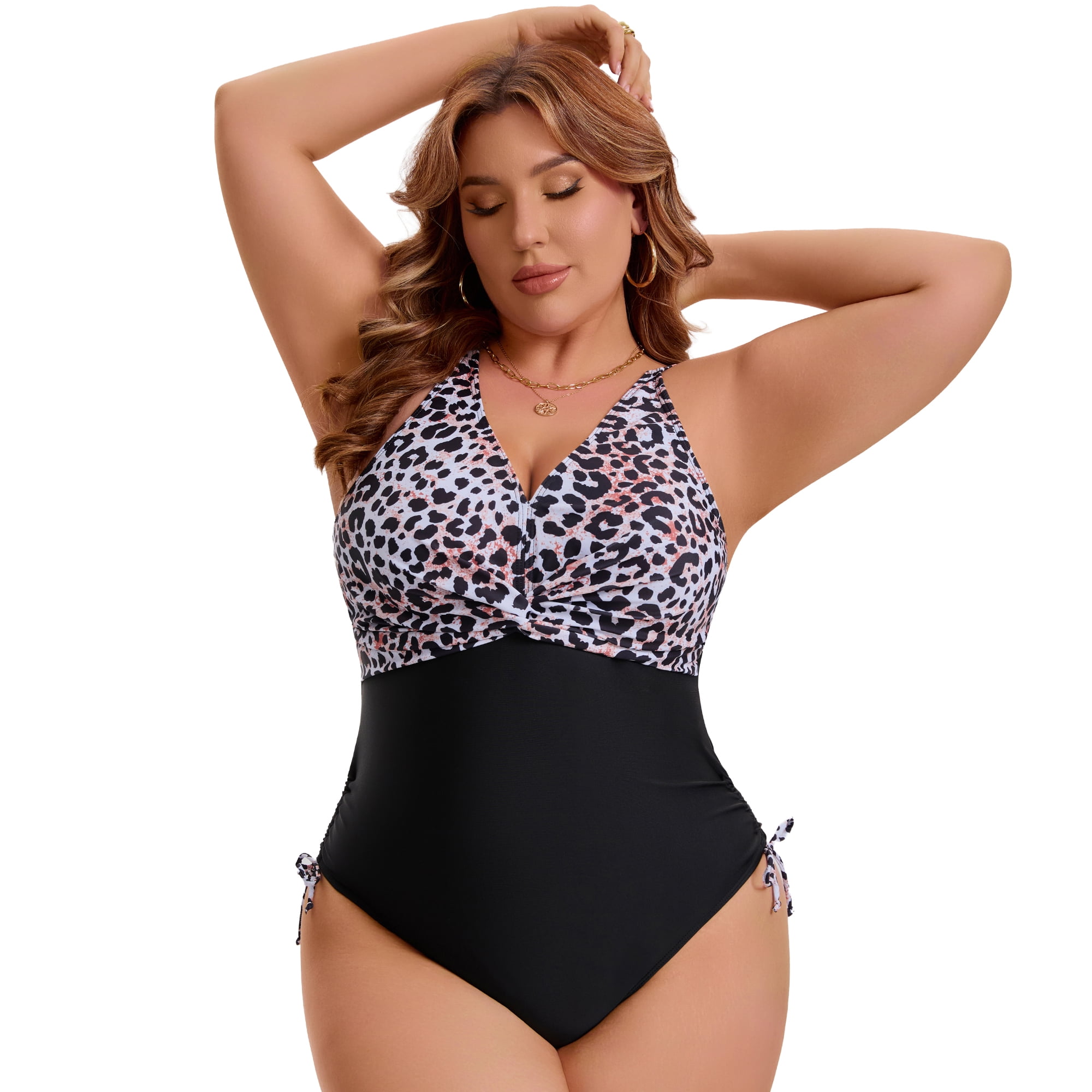DARING DIVA Women's Plus Swimsuit with V Neck and Adjustable Push Up Design 4X Black