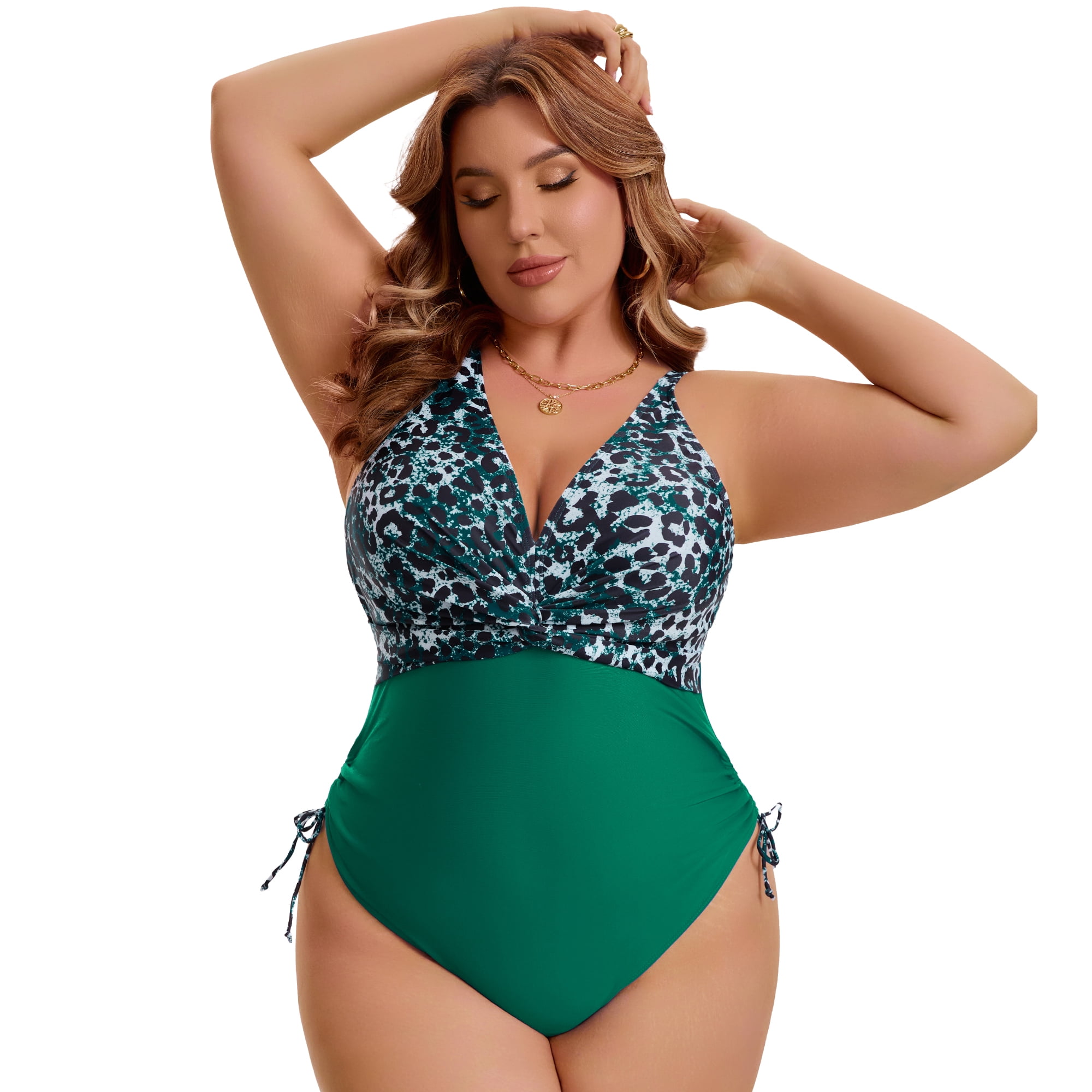 DARING DIVA Women's Plus Swimsuit with V Neck and Adjustable Push Up Design 5X Green