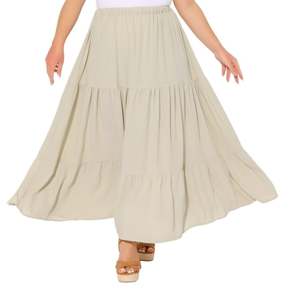 DARING DIVA Women's Plus Swing Maxi Elastic High Waist Boho Flowy Skirts 1X Beige