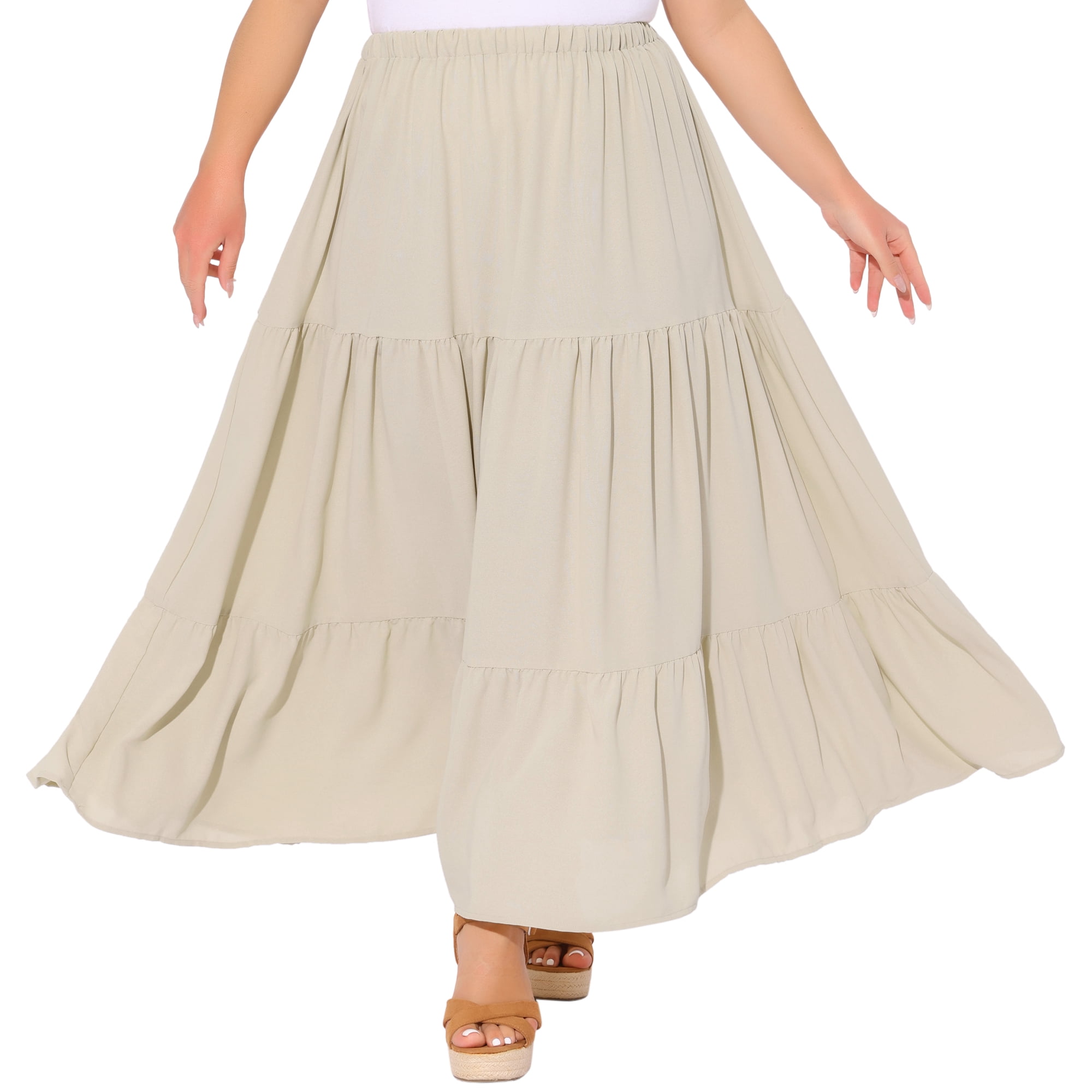 DARING DIVA Women's Plus Swing Maxi Elastic High Waist Boho Flowy Skirts 3X Beige