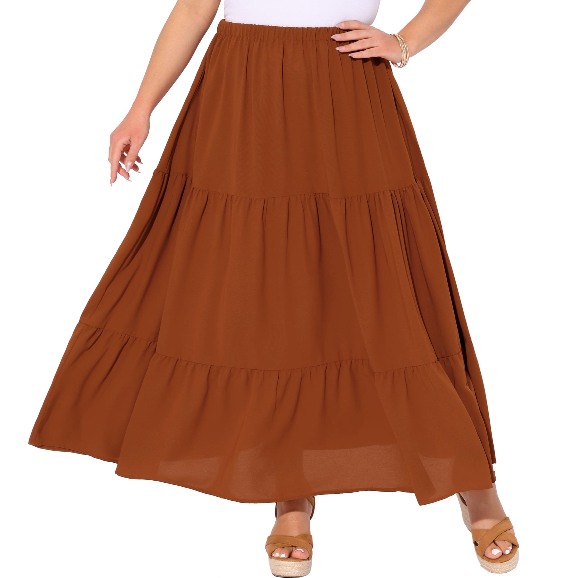 DARING DIVA Women's Plus Swing Maxi Elastic High Waist Boho Flowy Skirts 4X Caramel