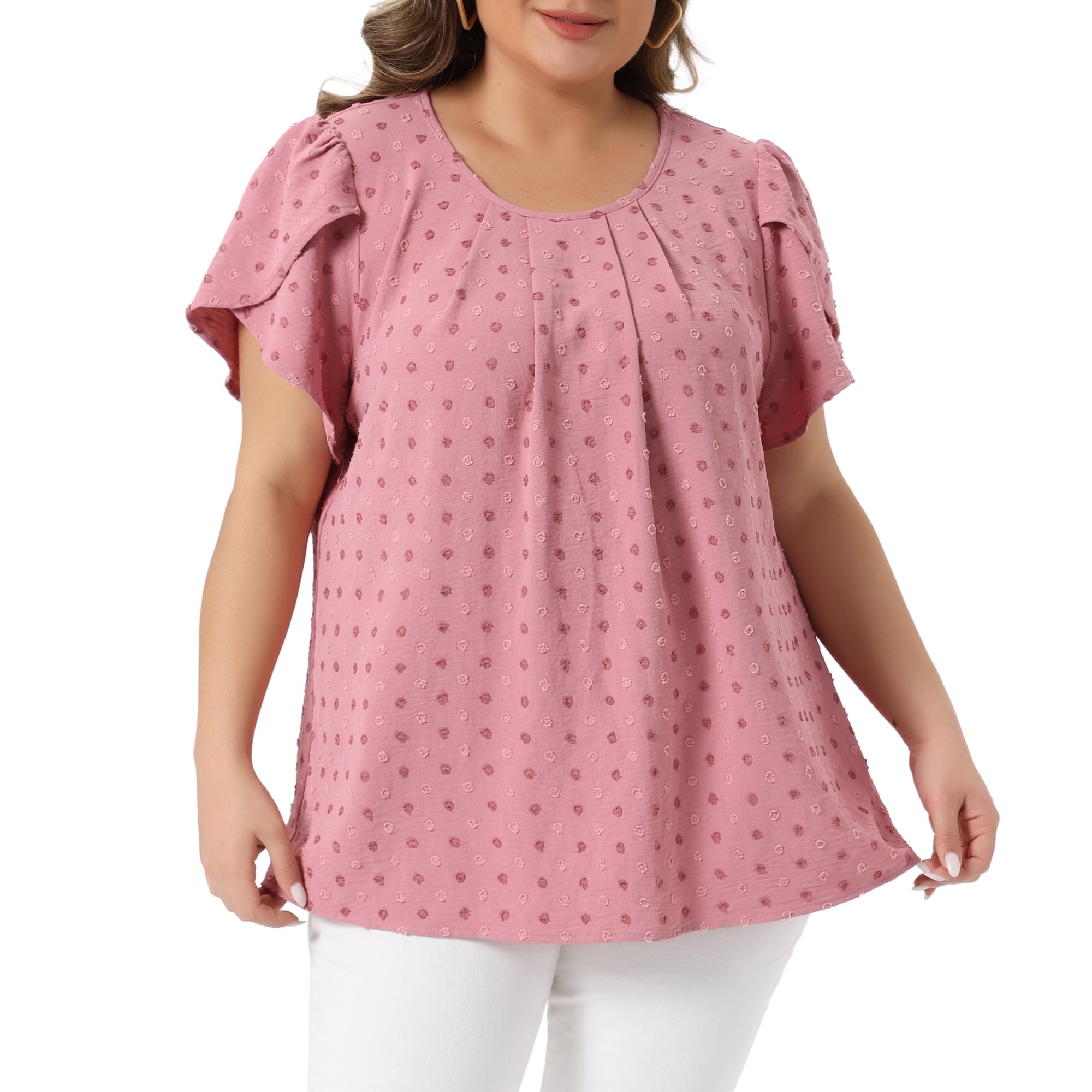 DARING DIVA Women's Plus Swiss Dot Crew Neck Tulip Top 3X Pink