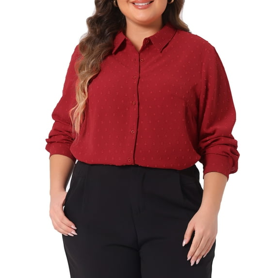 DARING DIVA Women's Plus Swiss Dots Button Down Collar Long Sleeve Tops 3X Red