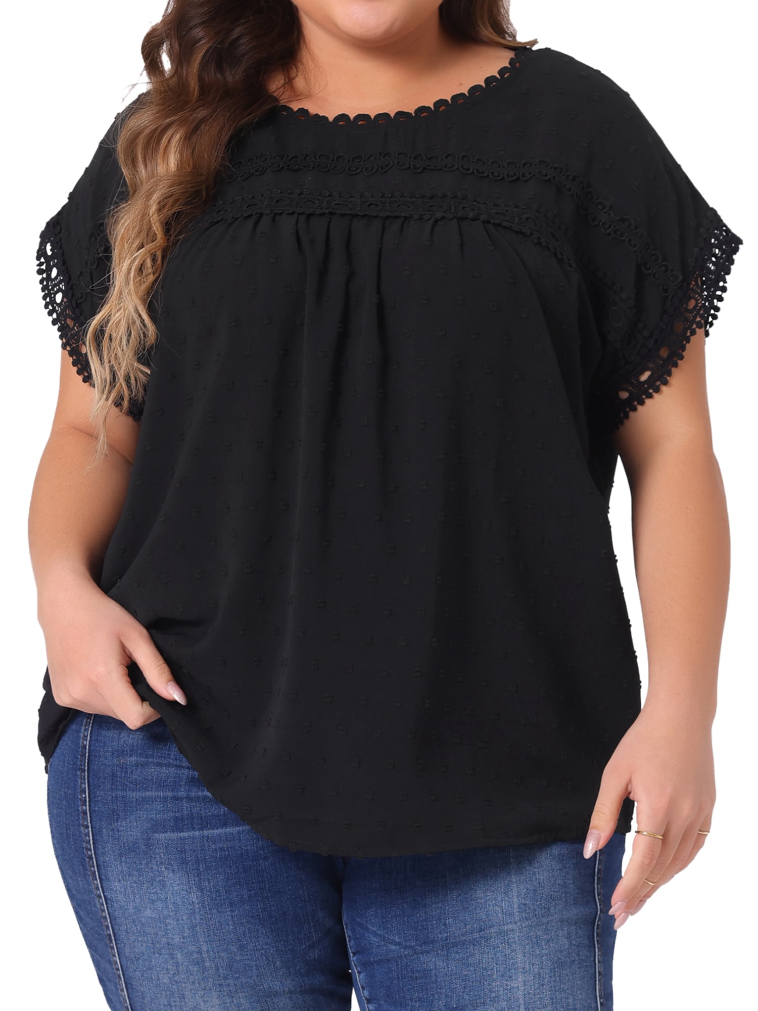 Women's Plus Tops with Swiss Dots Crew Neck Short Sleeve Casual Blouses 1X Black